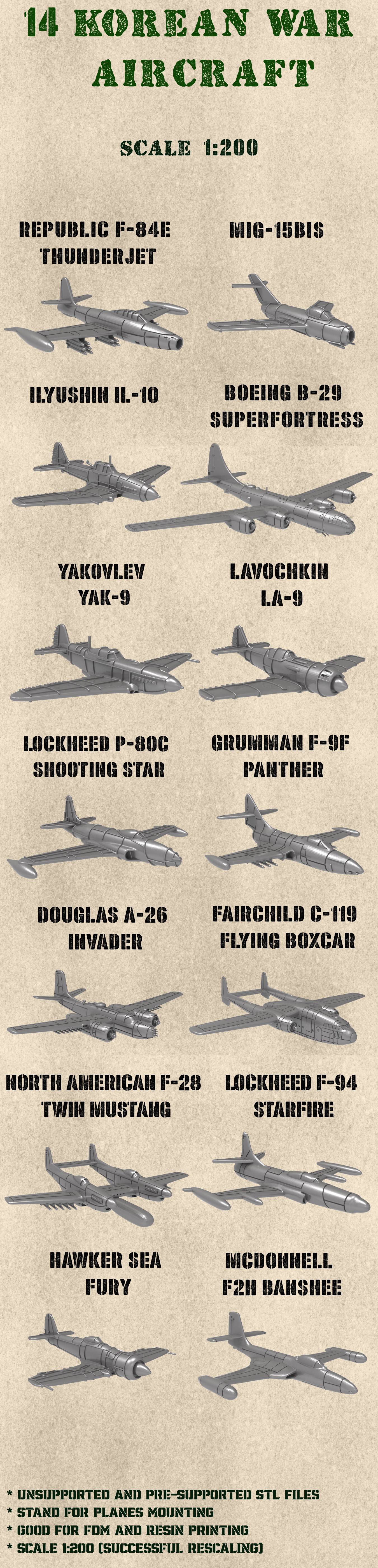 STL PACK - 14 KOREAN War Aircraft (1950-1953 years) (scale 1:200) - PERSONAL USE