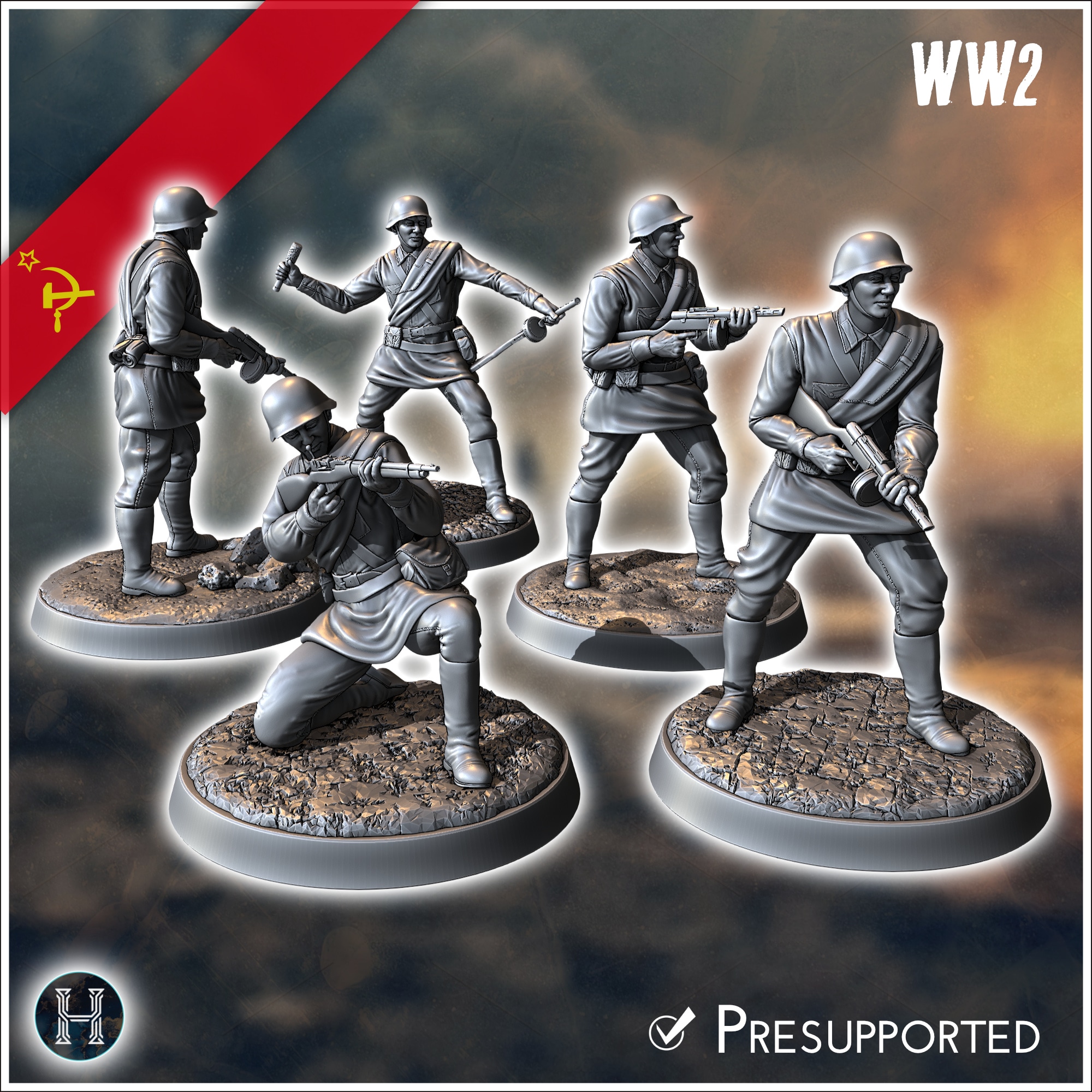 Set of five Soviet Russian Red Army soldiers (WW2 USSR) (with Mosin-Nagant + PPSh-41) (1) - Soviet army WW2 Second World East front Ostfront RPG Mini Hobby