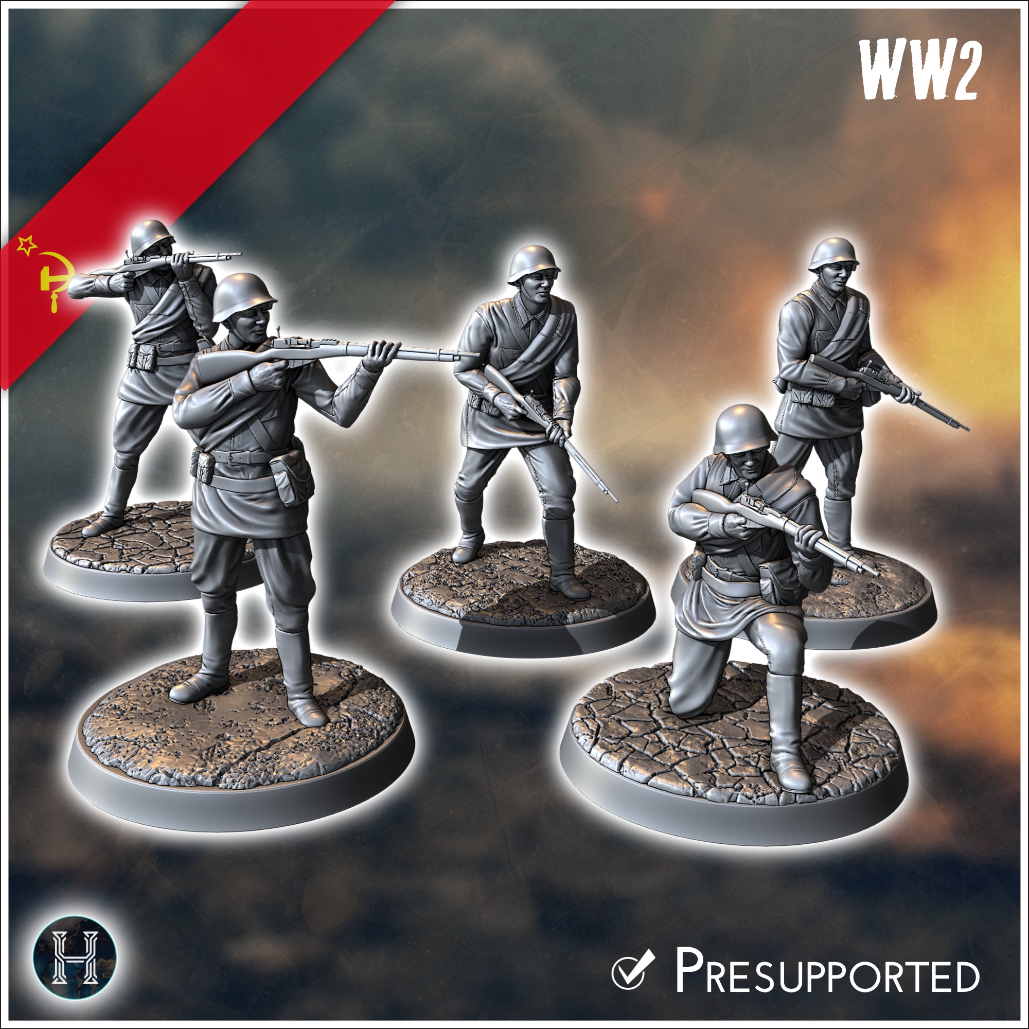 Set of five Soviet Russian Red Army soldiers (WW2 USSR) (with Mosin-Nagant) (2) - Soviet army WW2 Second World East front Ostfront RPG Mini Hobby