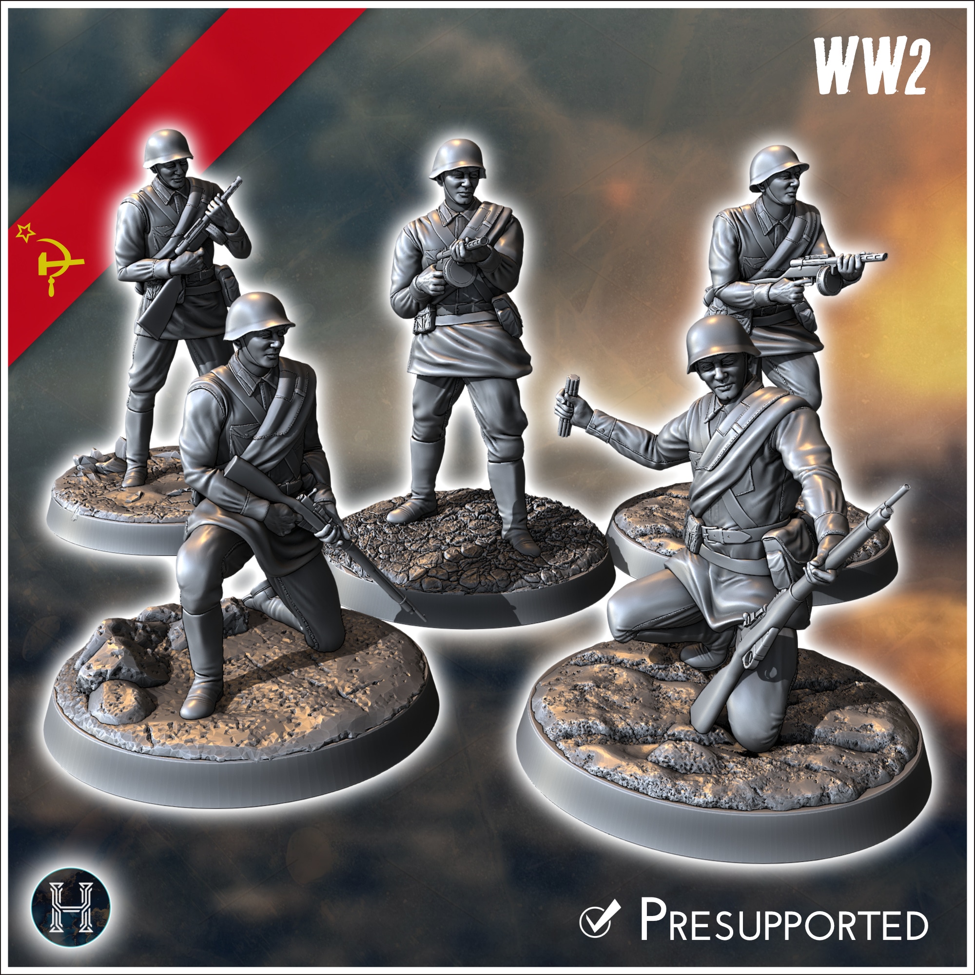 Set of five Soviet Russian Red Army soldiers (WW2 USSR) (with Mosin-Nagant + PPSh-41) (3) - Soviet army WW2 Second World East front Ostfront RPG Mini Hobby