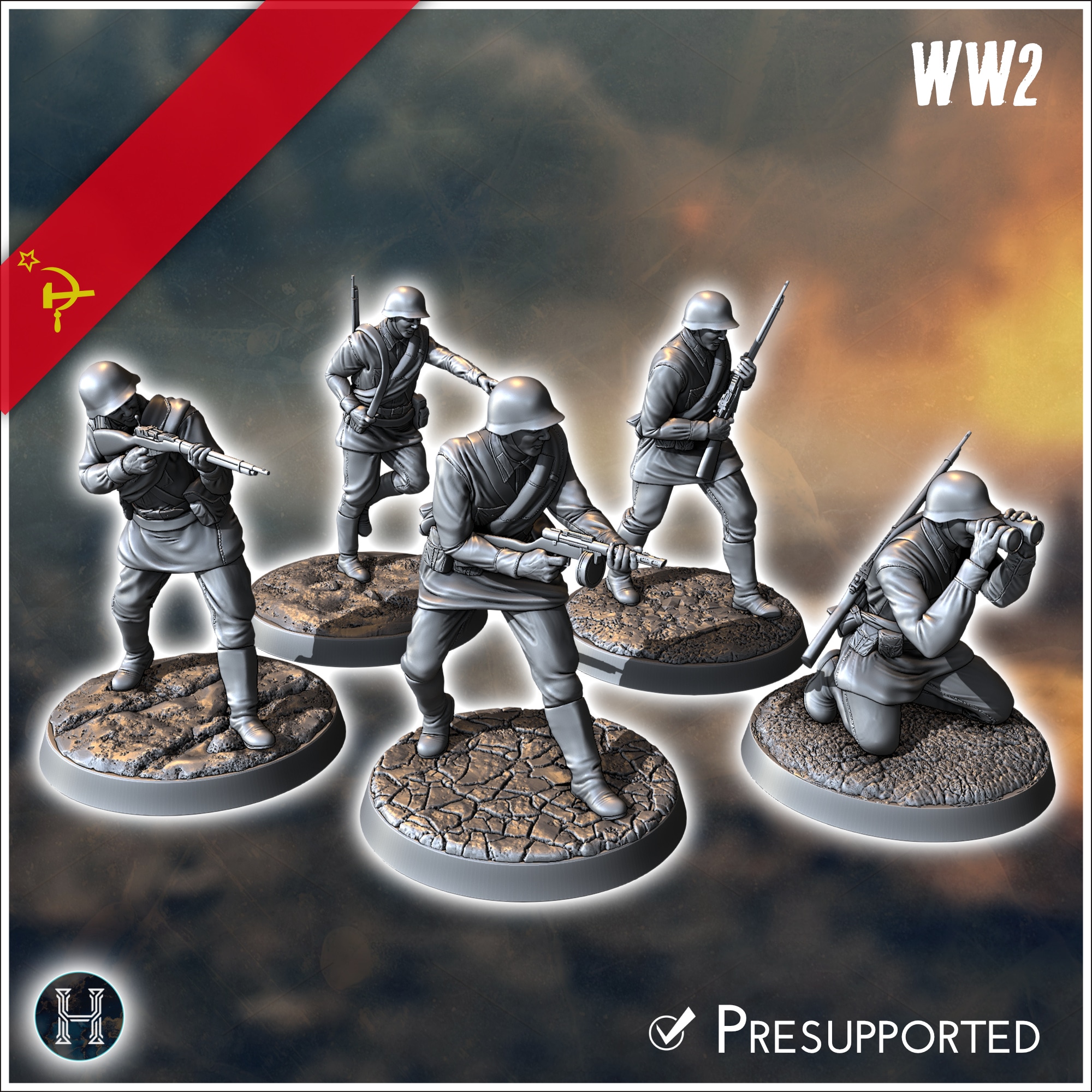 Set of five Soviet Russian Red Army soldiers (WW2 USSR) (with Mosin-Nagant + PPSh-41) (4) - Soviet army WW2 Second World East front Ostfront RPG Mini Hobby
