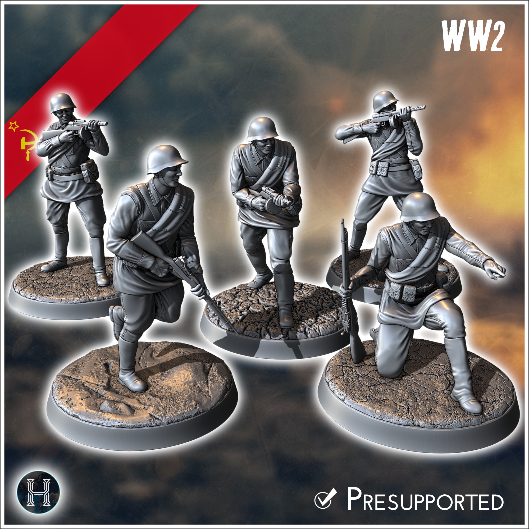 Set of five Soviet Russian Red Army soldiers (WW2 USSR) (with Mosin-Nagant + PPSh-41) (5) - Soviet army WW2 Second World East front Ostfront RPG Mini Hobby
