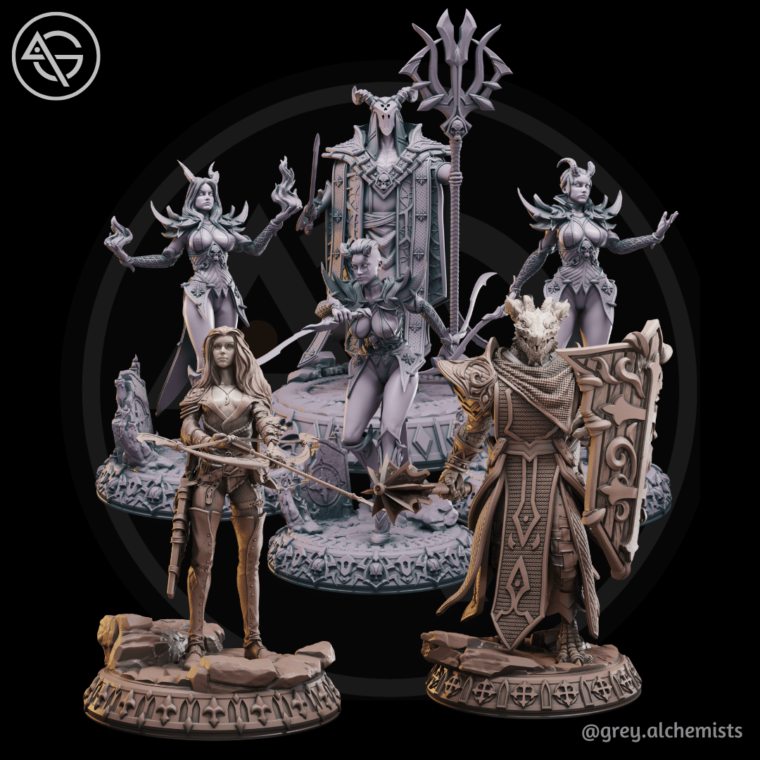 DnD Miniatures Bundle in 32mm & 75mm - Six Unique Fantasy Characters - DnD STL (Pre-Supported)