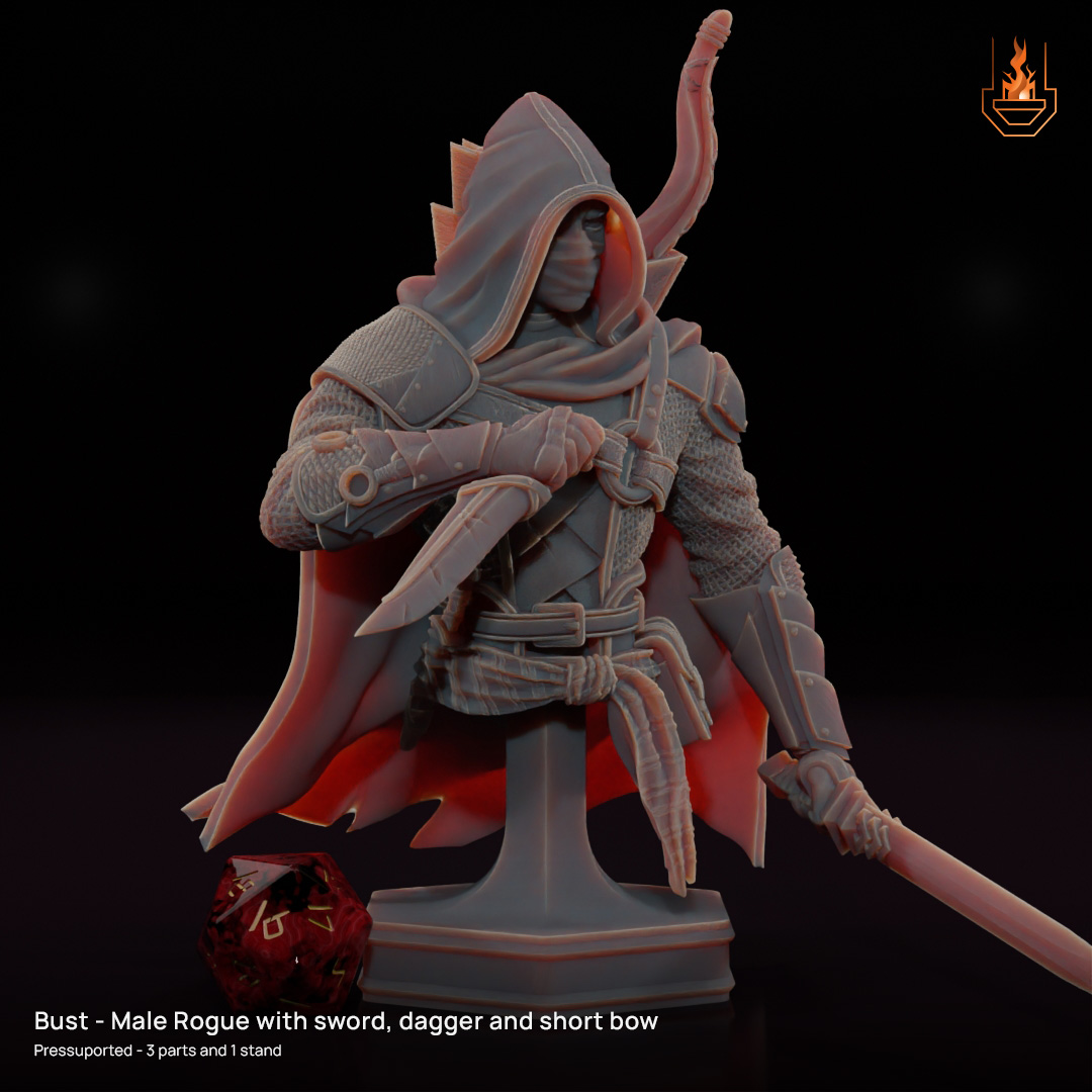 Bust - Male Rogue with Sword, Dagger and short Bow [Supported]