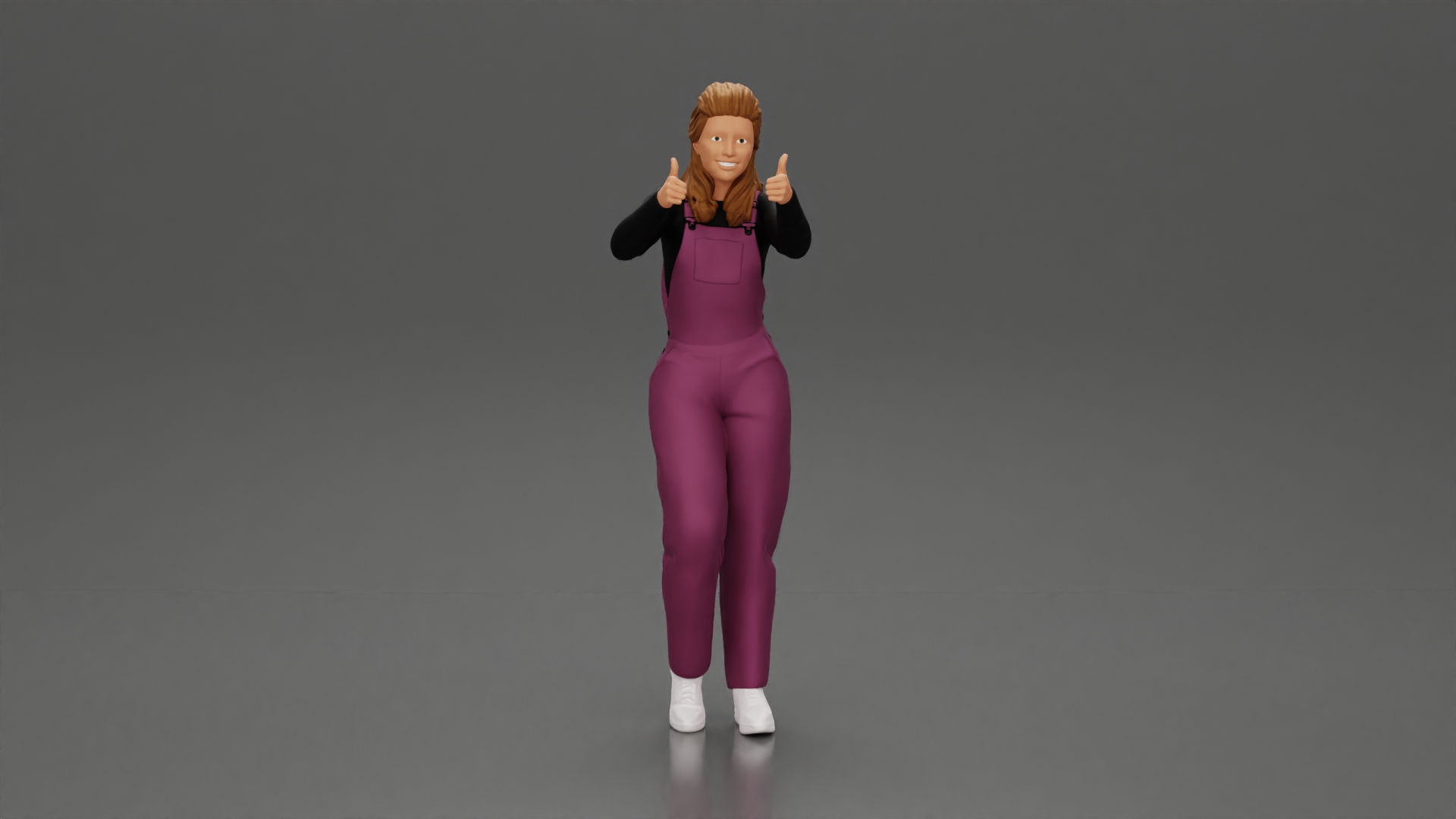Smiling girl in overalls showing a thumbs up with both hands