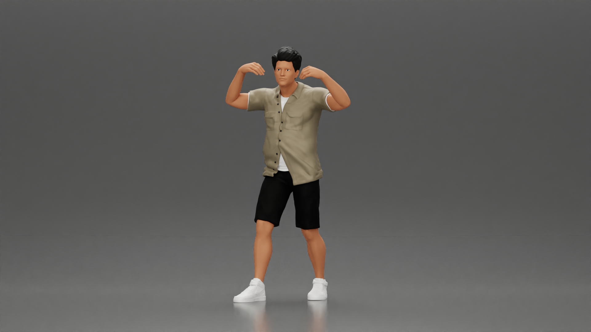 Man in shorts carrying girlfriend on shoulders