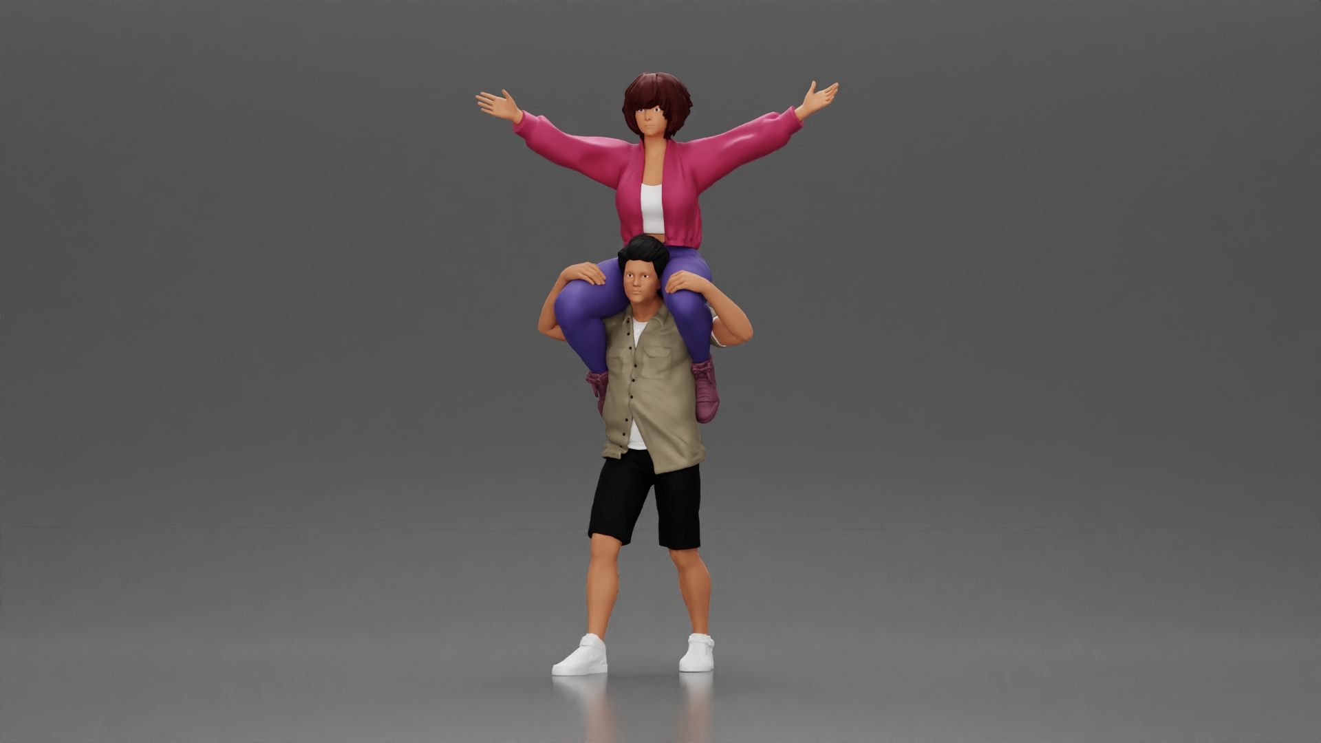 Man in shorts carrying girlfriend on shoulders girl being carried on the man's shoulders