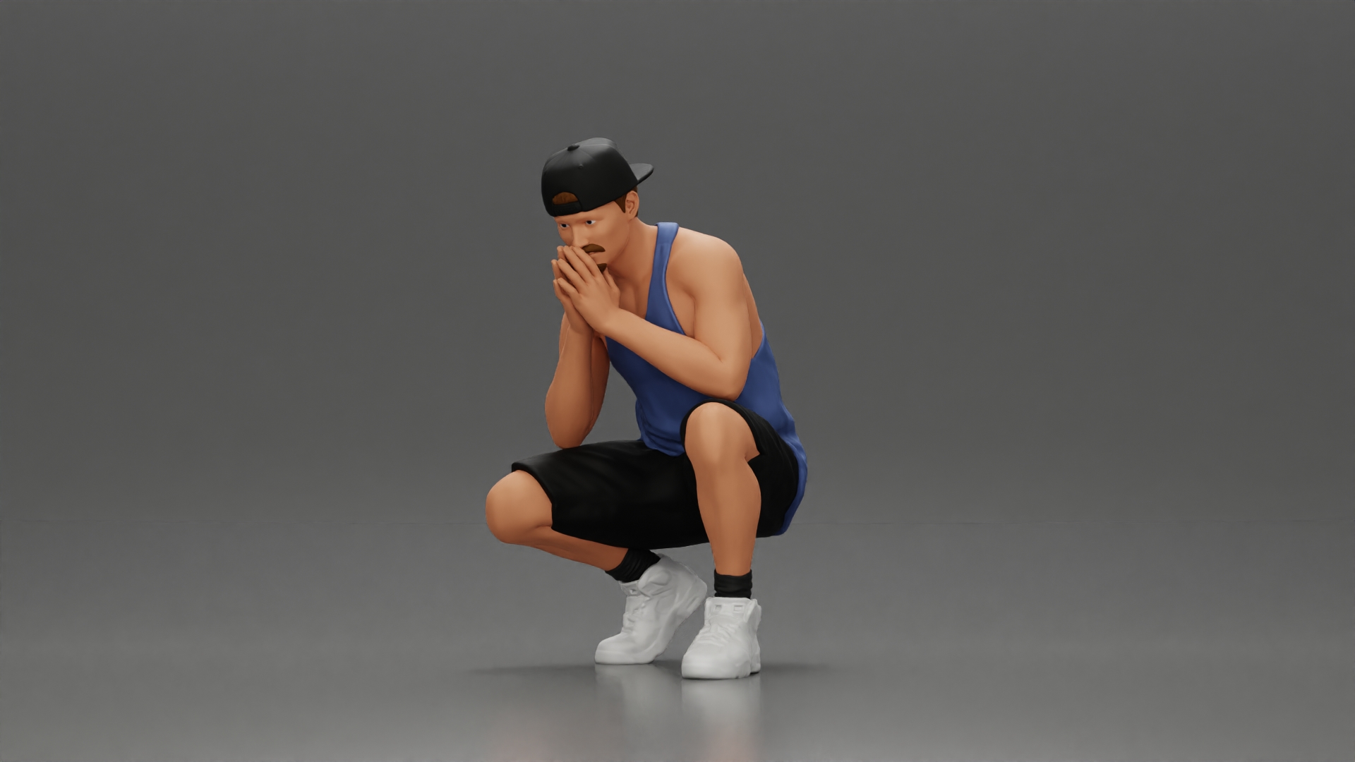 gangster man in shorts and a cap sitting and thinking