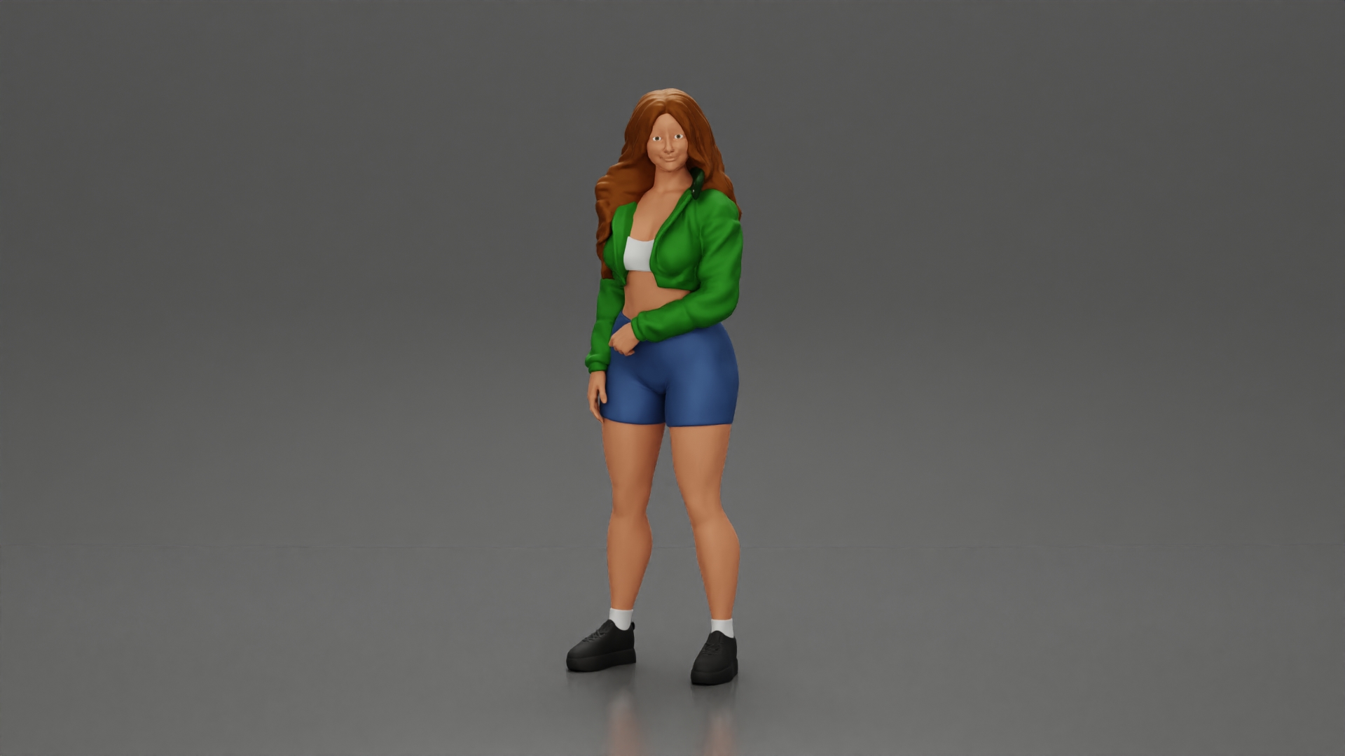 sporty happy girl standing in mini jacket and short with long hair