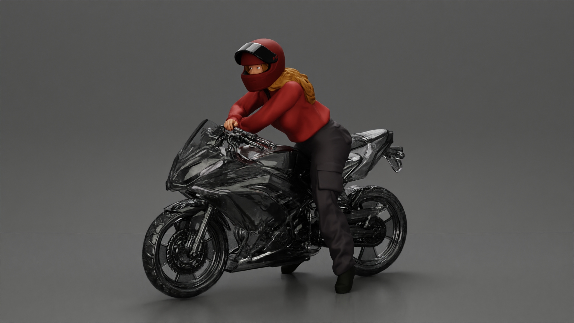 motorcyclist woman in helmet and hoodie sitting on motorcycle