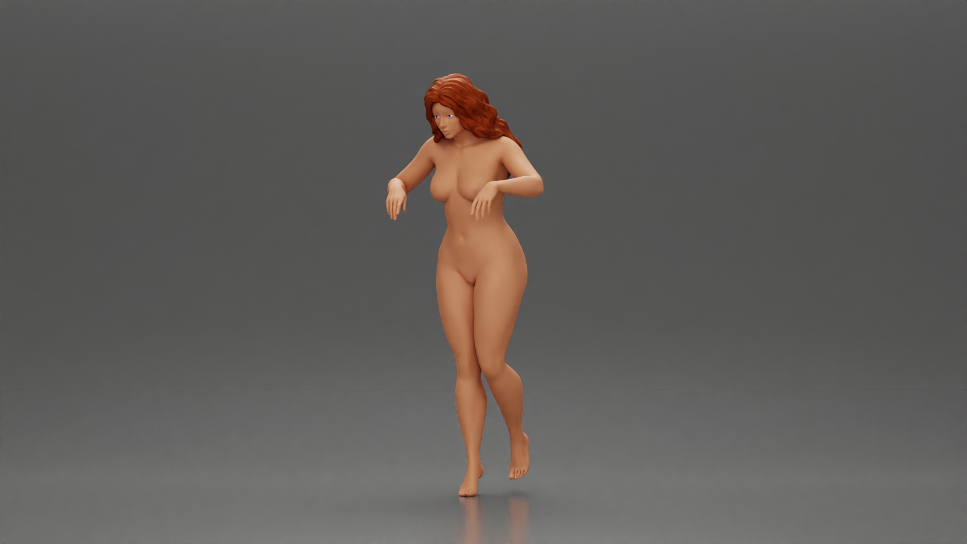 Naked girl looking out over the edge of the stairs