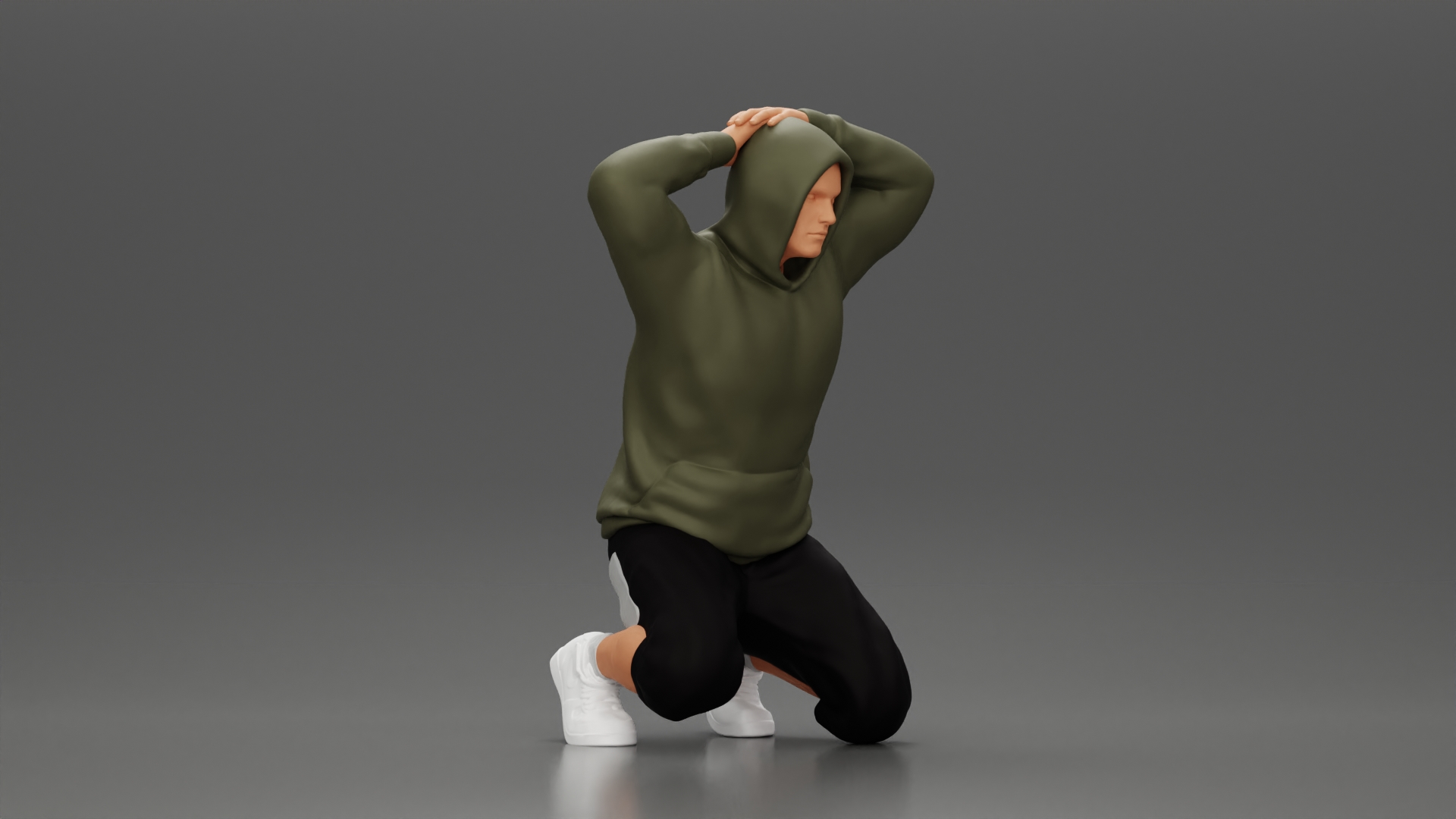 Gangster in hoodie putting his hands behind head