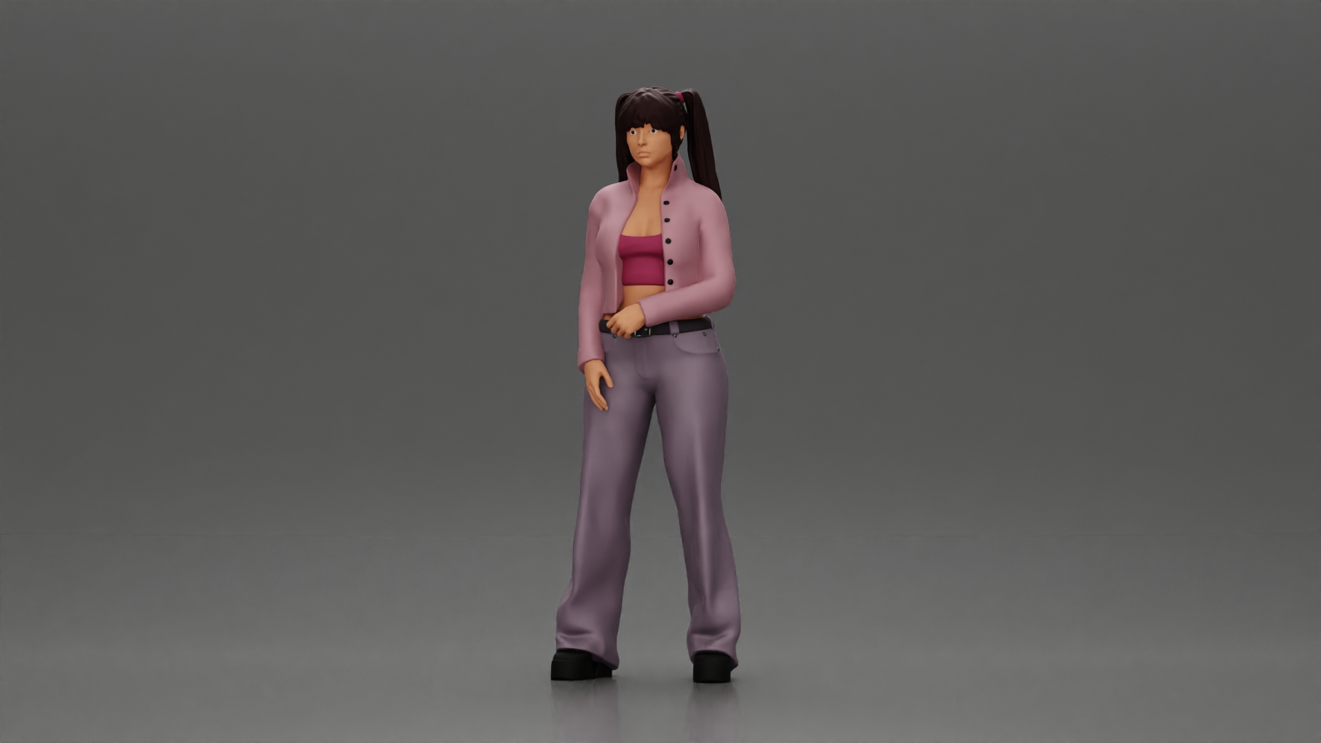 Chola girl with pigtails standing in jacket and flared pants