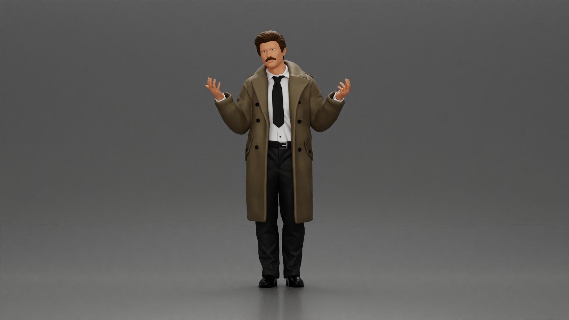 police detective in a coat standing with hands wide open