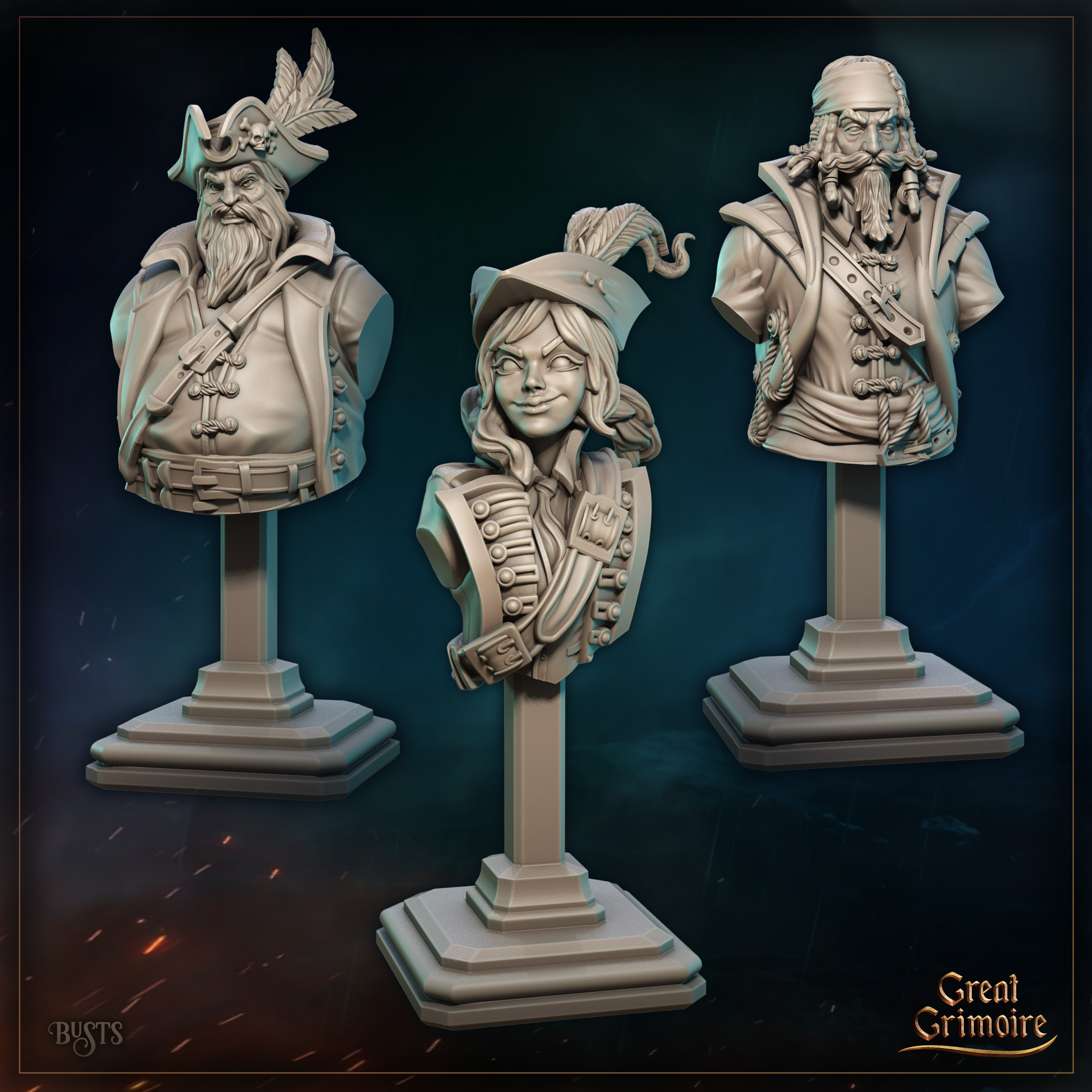 Bust of Dorian "Silverhand" Reed, Edward "Ironhook" Drake and Elara Swiftwind
