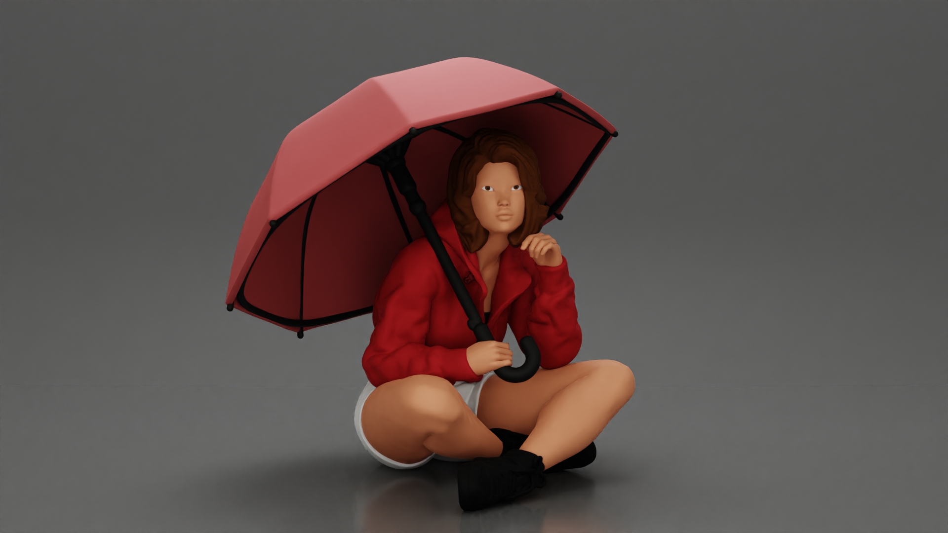 Pretty Girl with an Umbrella in Jacket and Shorts Sitting