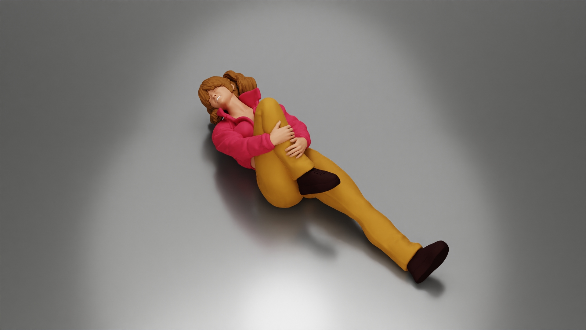 woman in mini jacket lying on the floor touching her injured knee