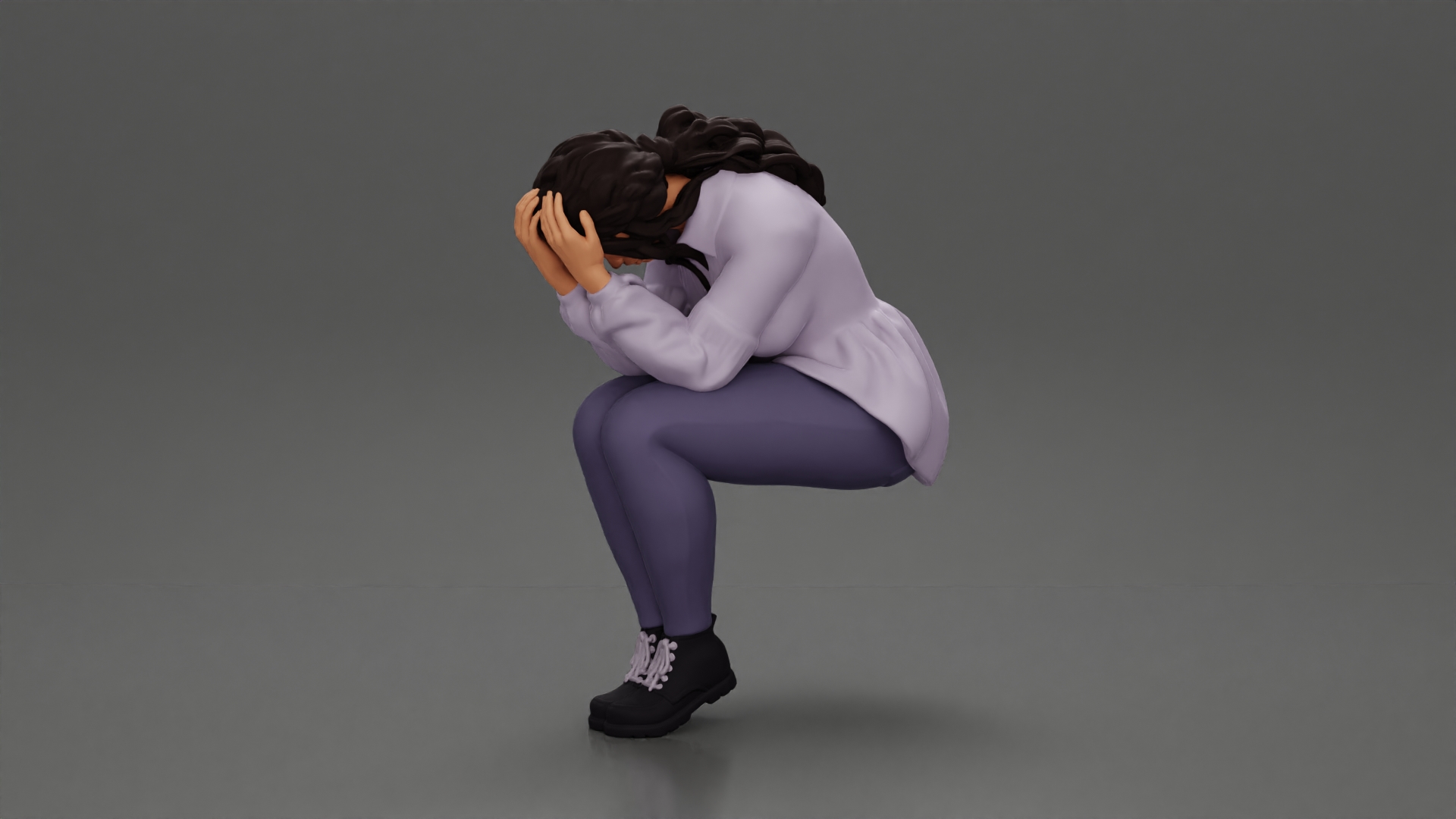 sad girl in a puff-sleeve shirt sitting and crying with her hands covering her face