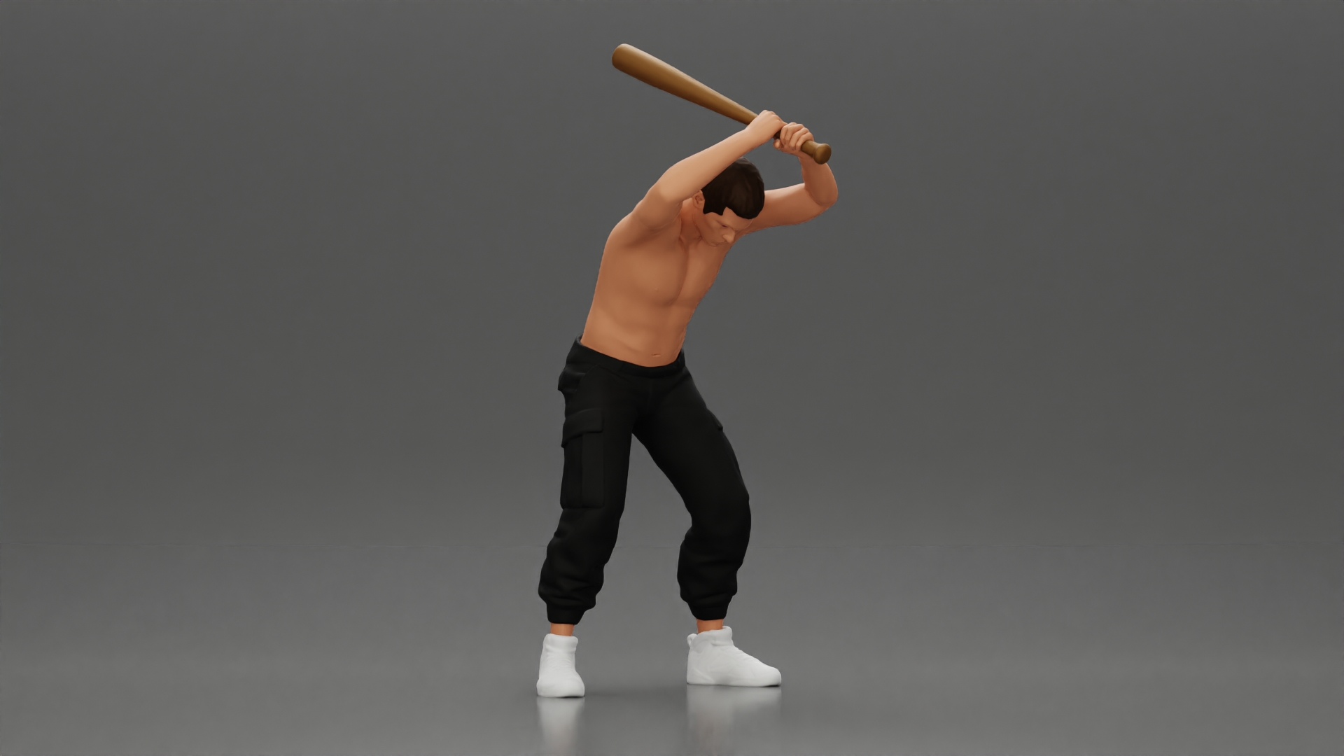 gangster holding a baseball bat while biting someone on the floor