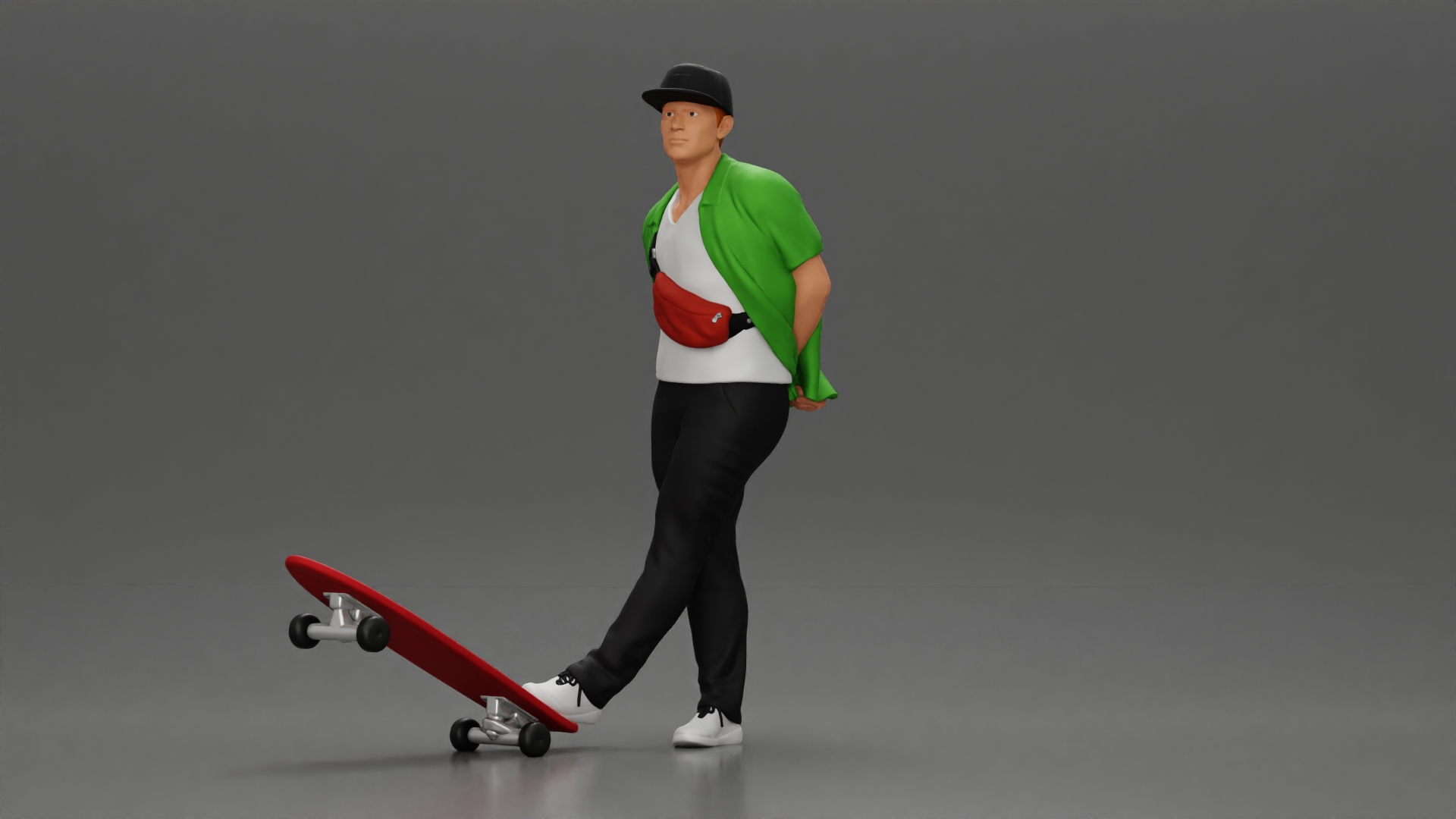 skater man leaning against the wall wearing a cap open shirt and banana bag