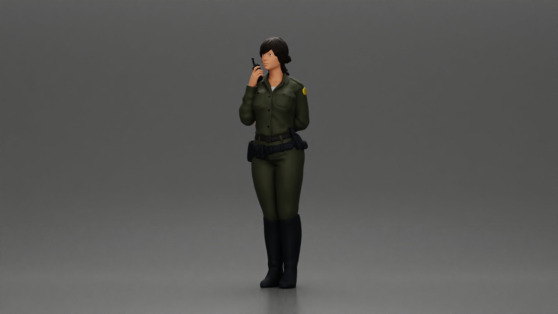 policewoman standing hand resting on her back speaking into a radio with short hair