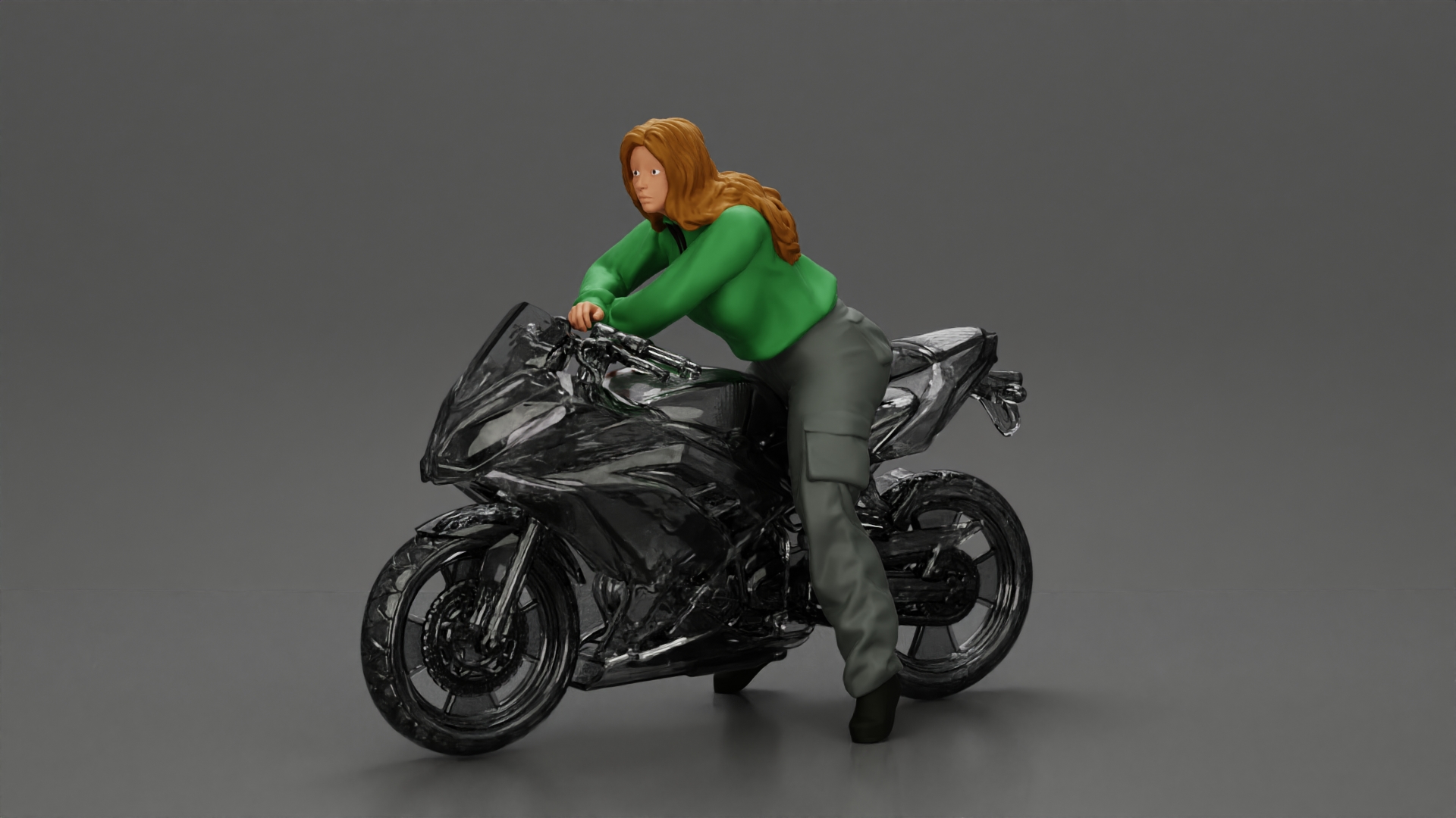 motorcyclist woman hoodie sitting on motorcycle