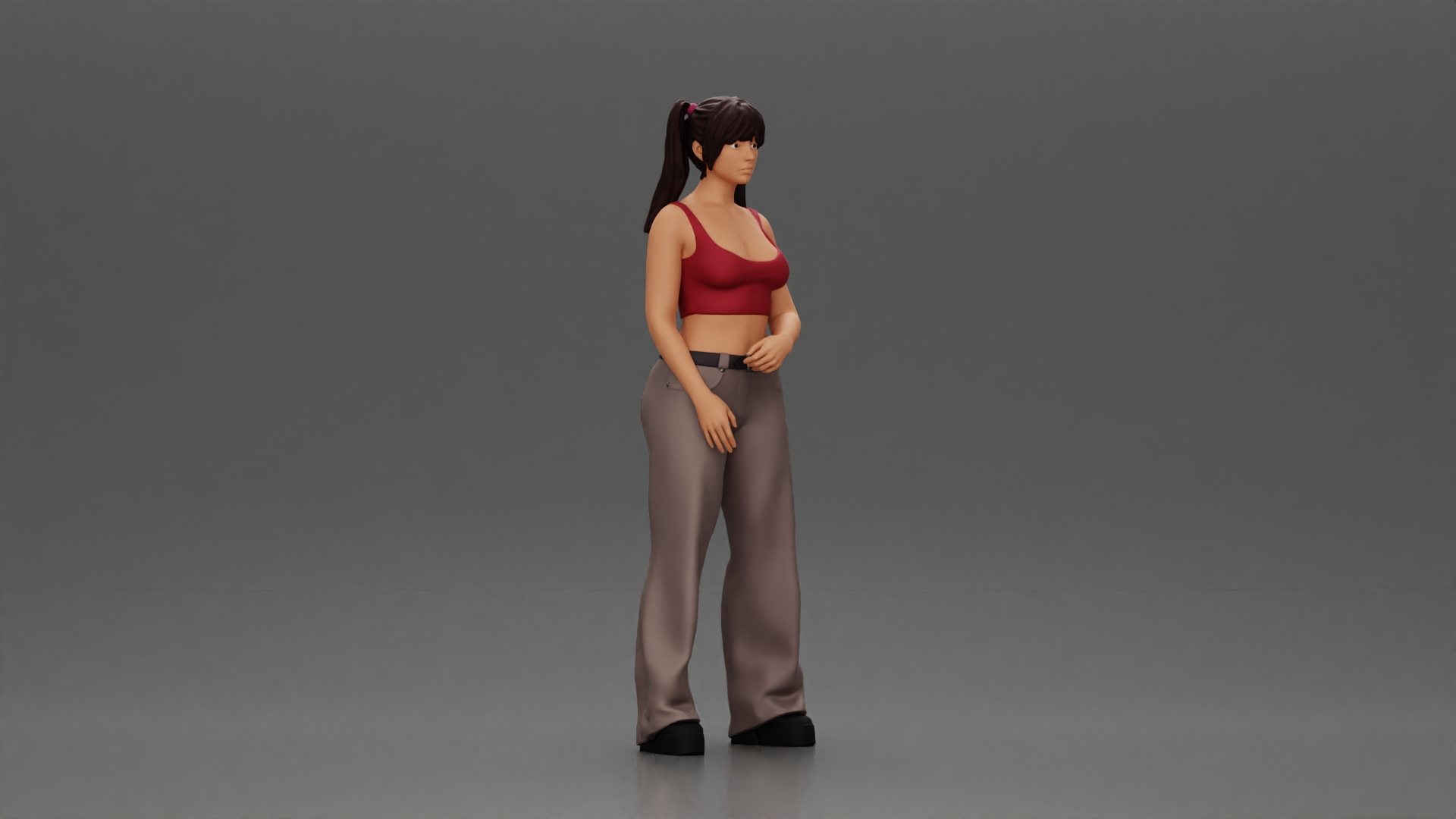 Chola girl with pigtails standing in flared pants
