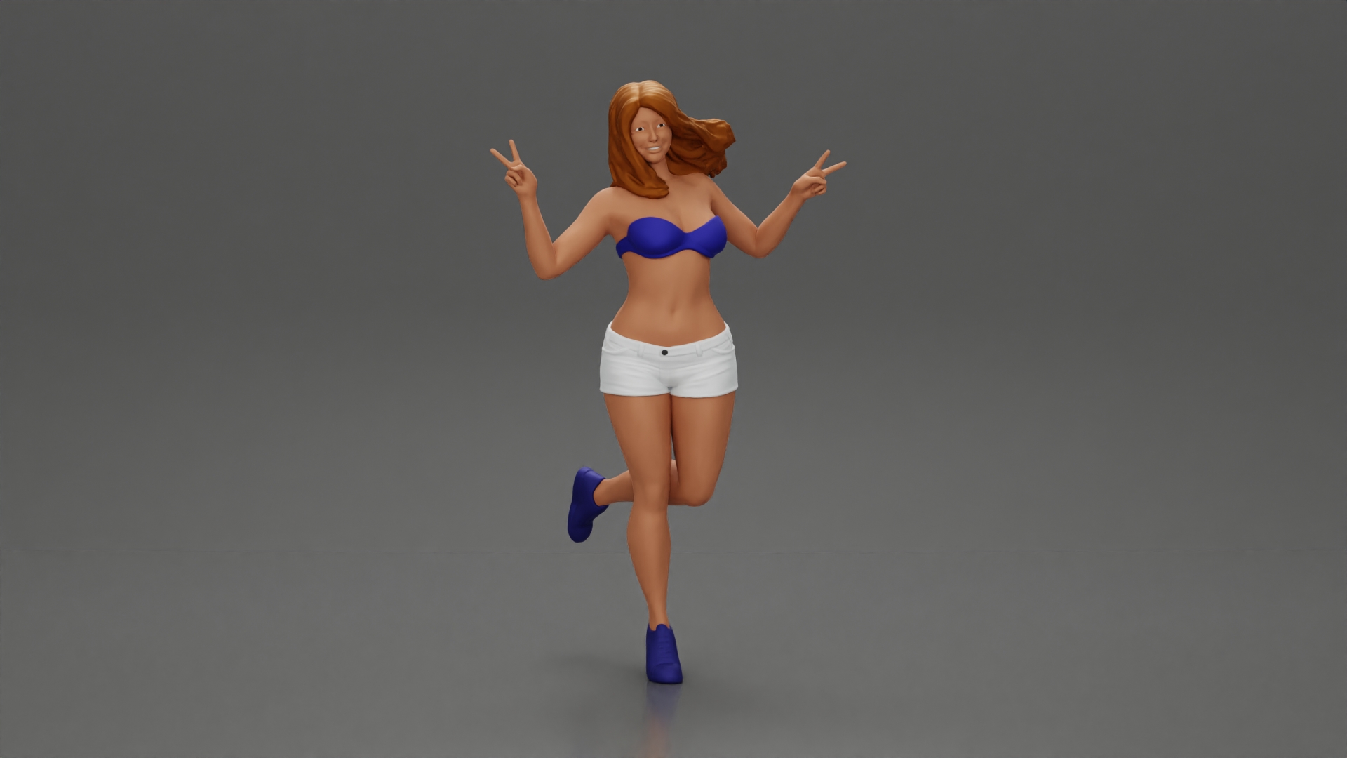 happy girl in a bra and shorts, jumping on one leg