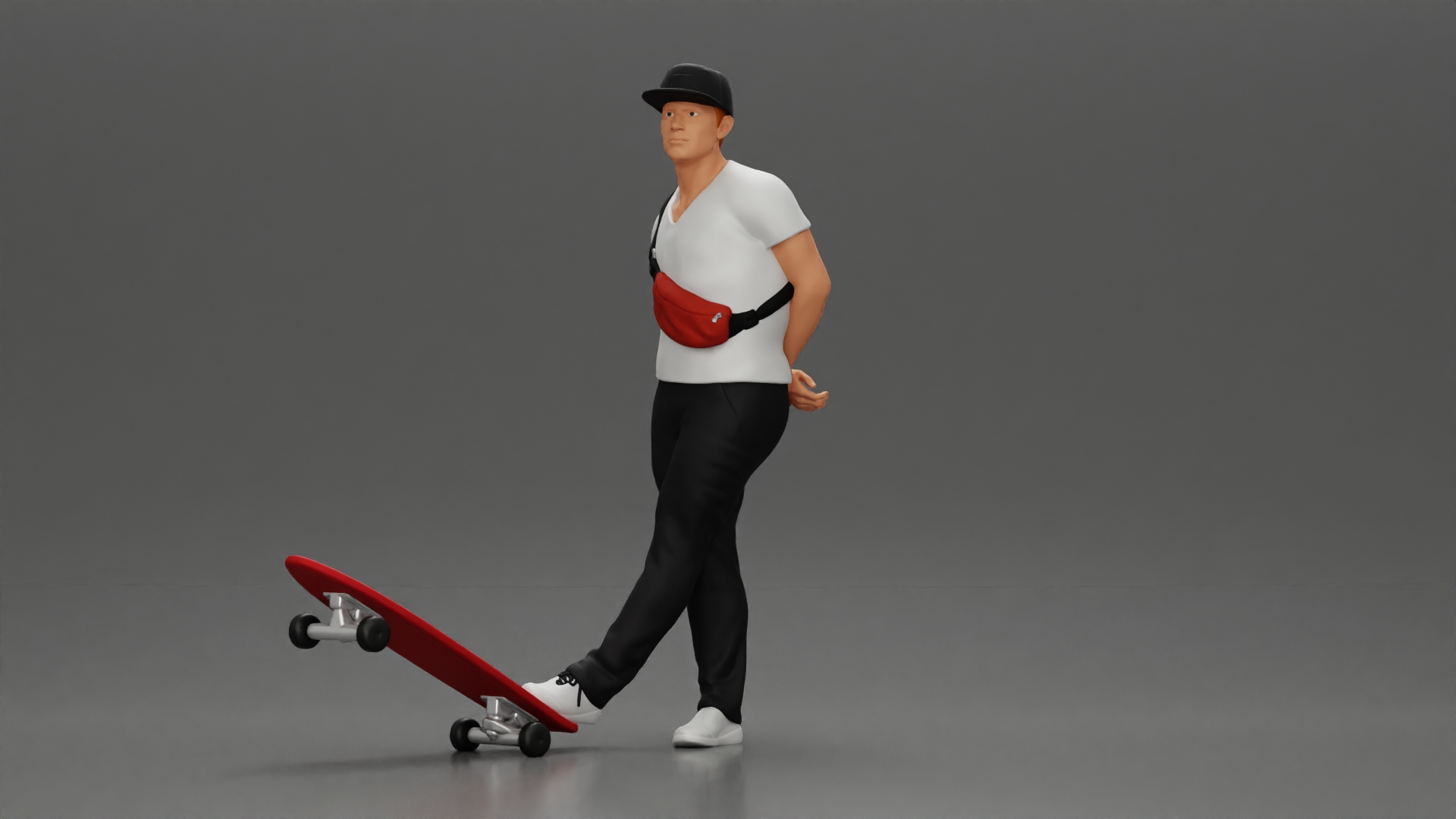 skater man leaning against the wall wearing a cap and banana bag
