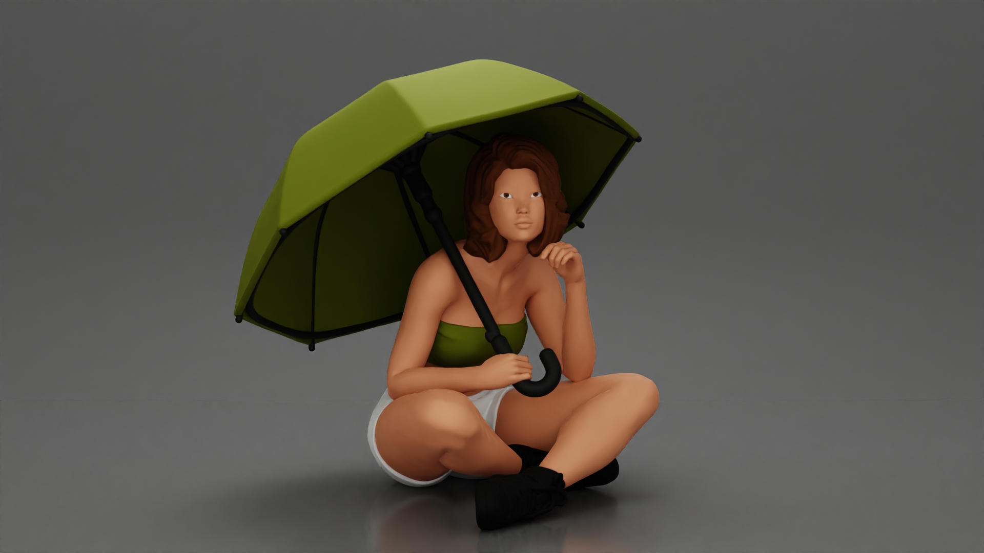 Pretty Girl with an Umbrella in bra and Shorts, Sitting