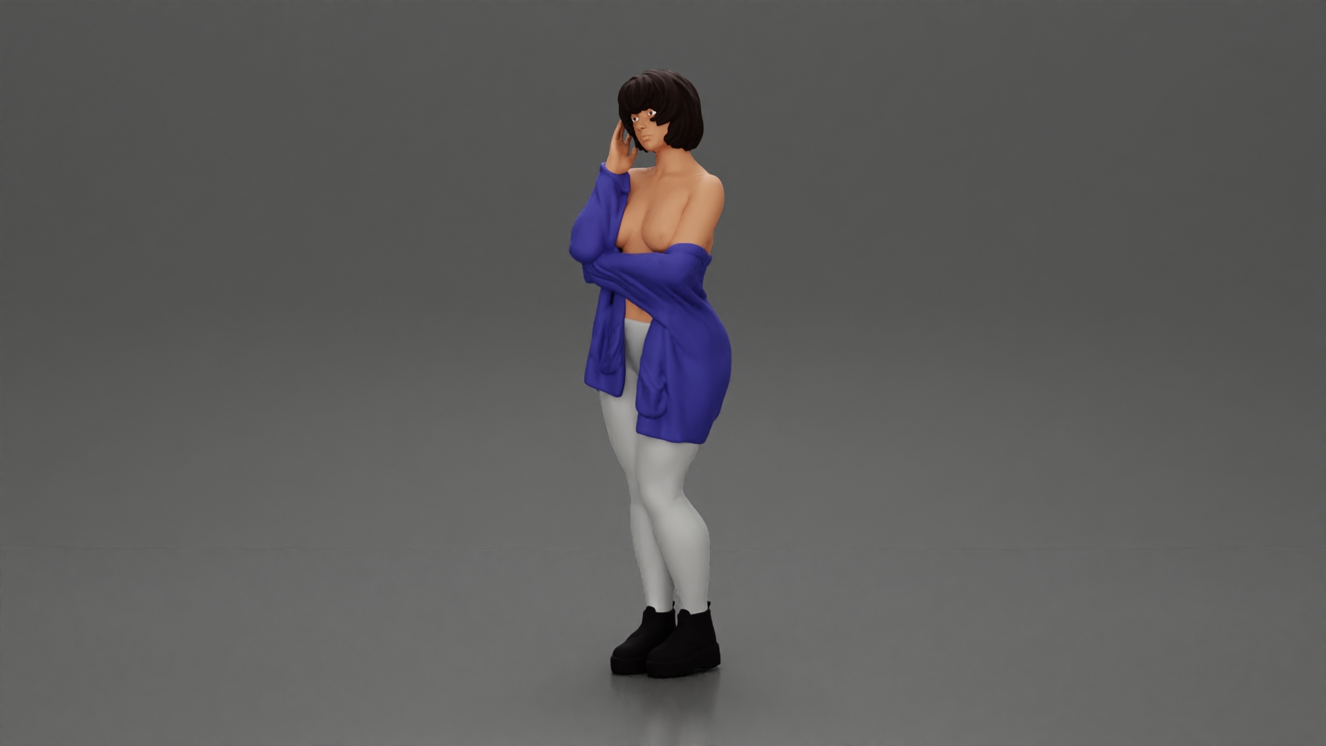 pretty nude girl with short hair posing in a sweater