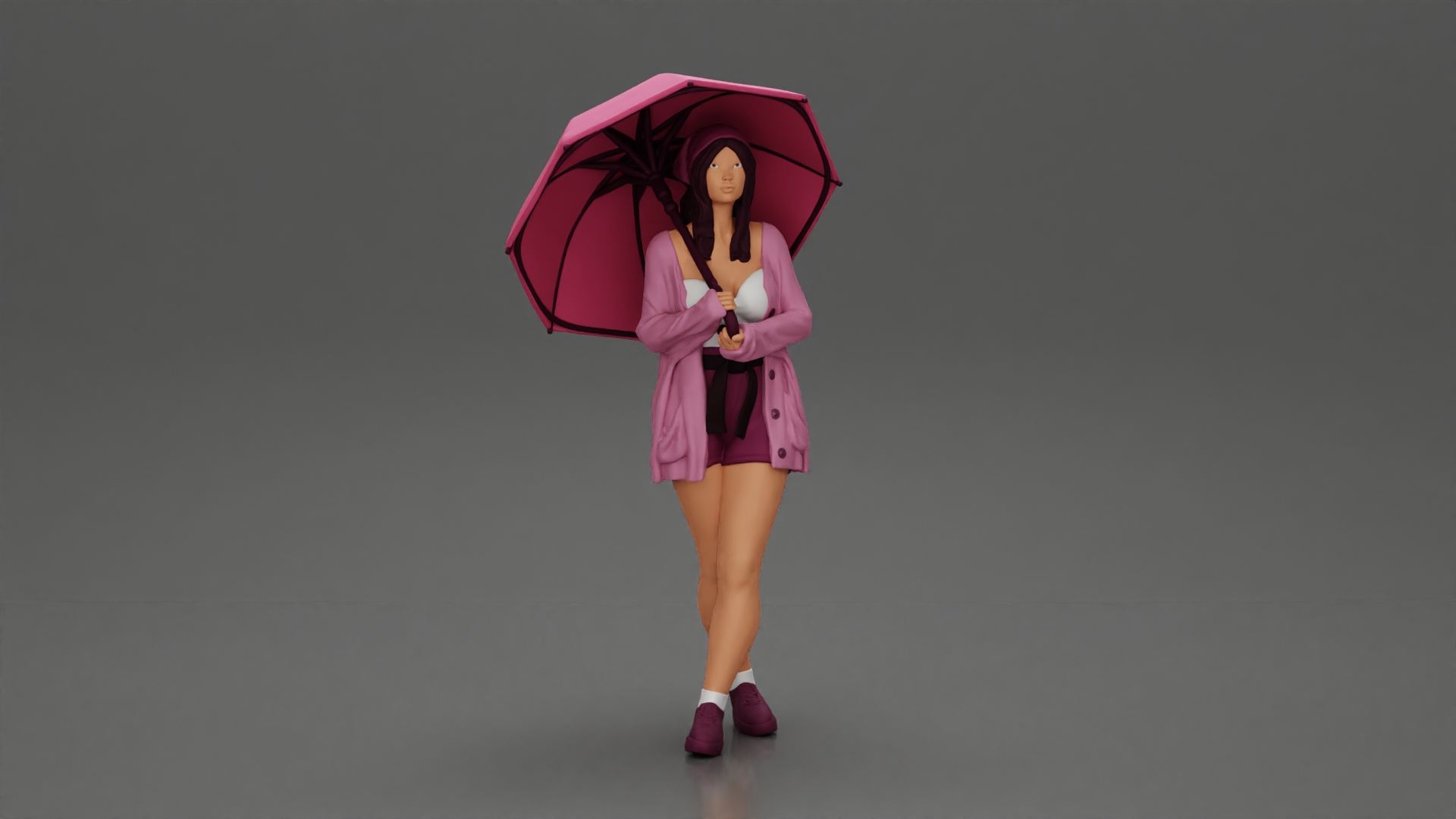 Pretty Girl with an Umbrella in Open Sweater and shorts Posing and Standing