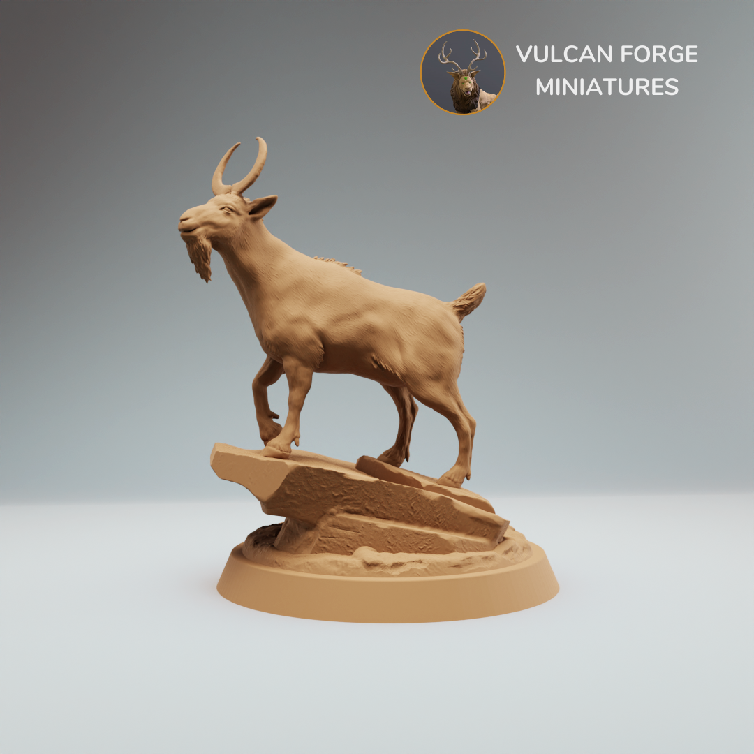 Fantasy goat with moon horns standing on rock - pre supported