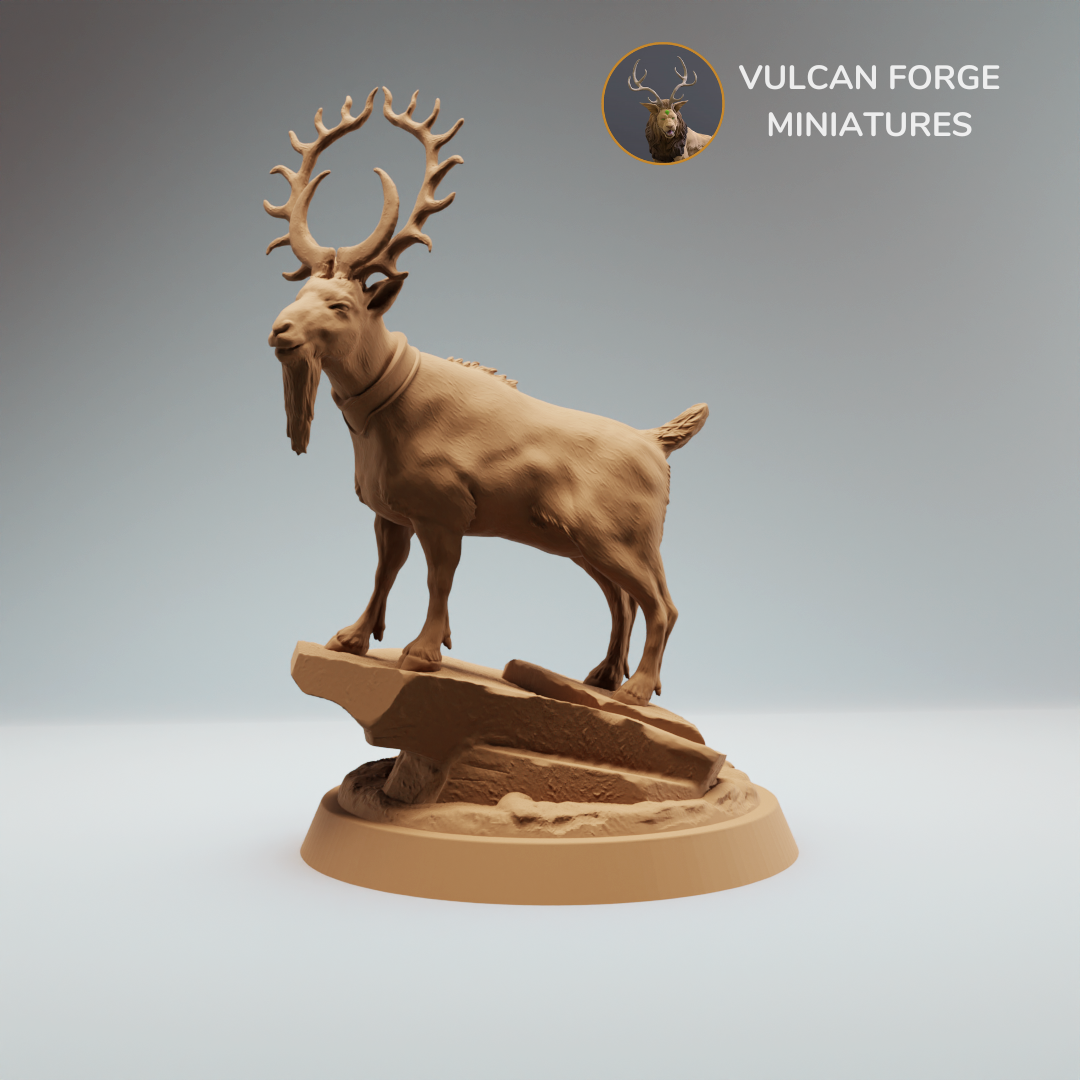 Fantasy goat with sun and moon horns standing on rock - Pre-Supported