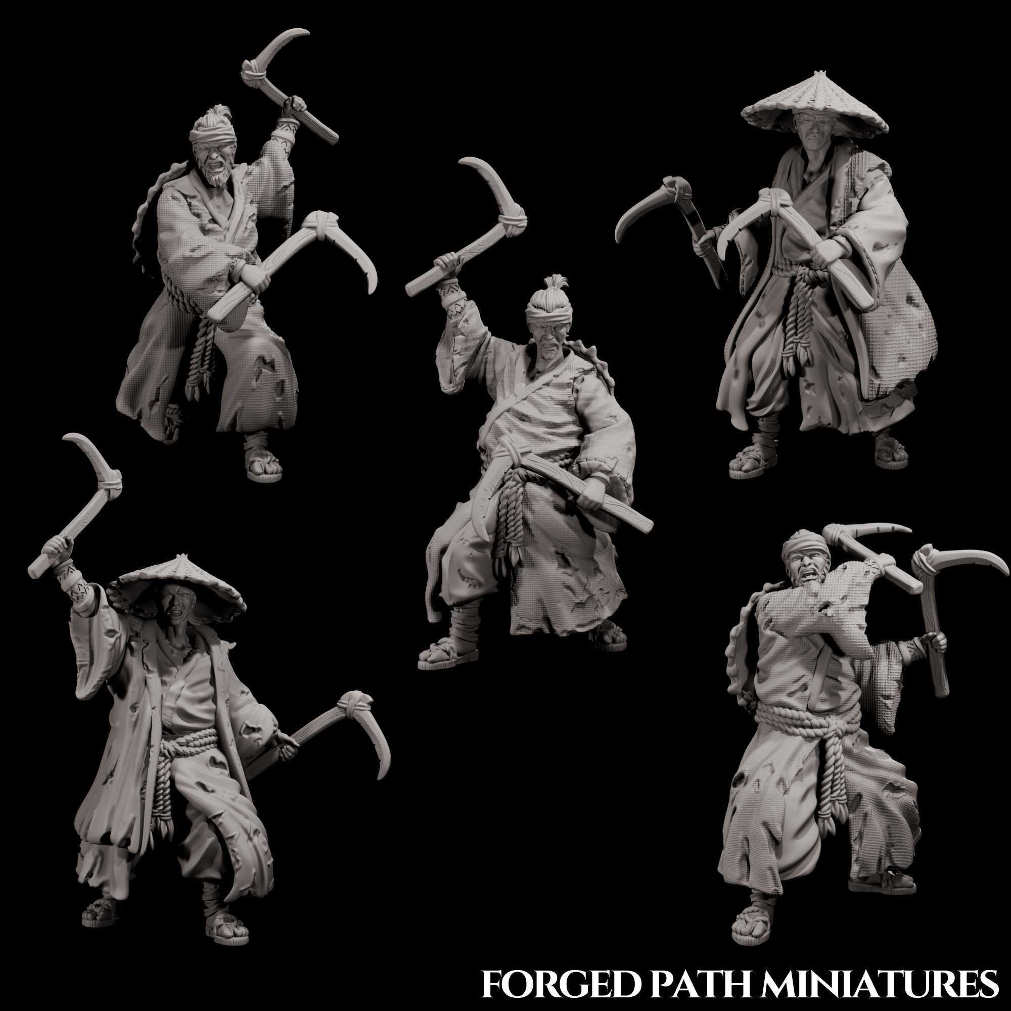 Japanese Ronin Peasant Fighters – 5 Armed Villagers with Kama | Bushido STL Miniatures