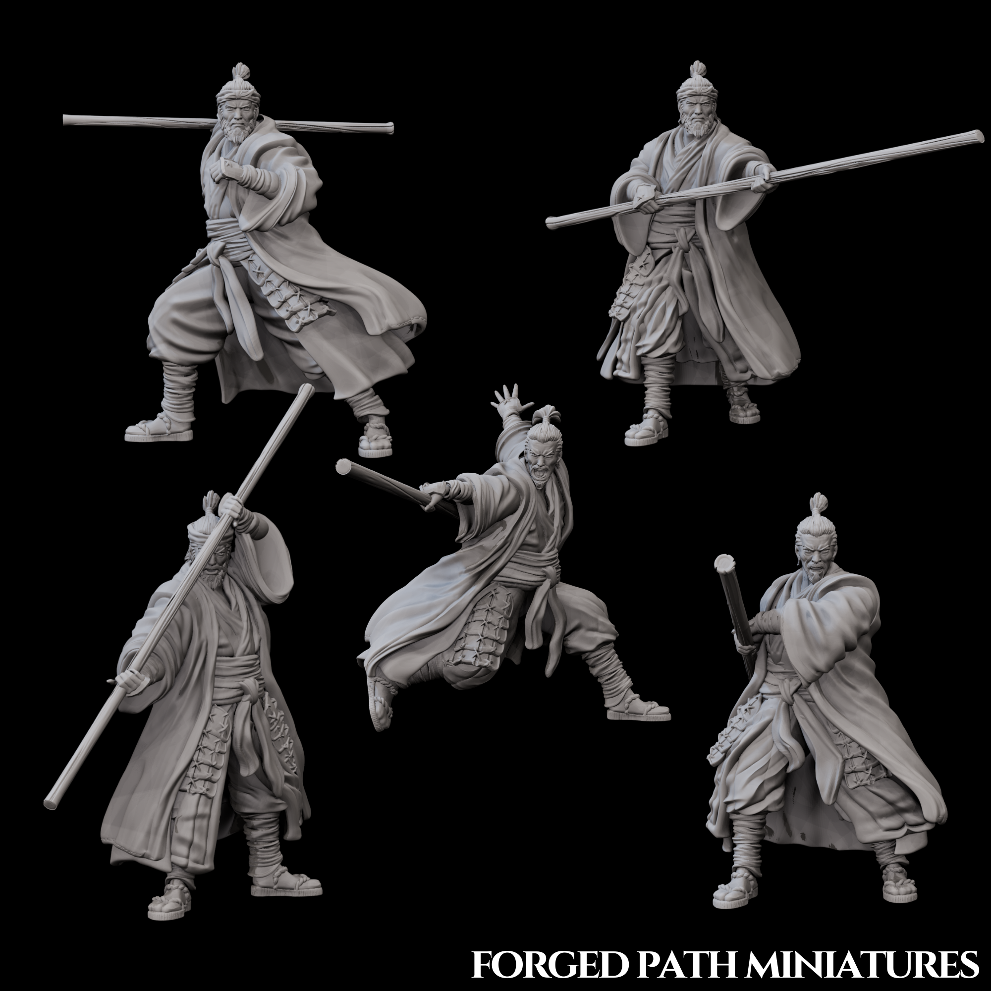 Japanese Ronin Bo-Staff Fighters – 5 Samurai Martial Artists | Bushido STL Miniatures