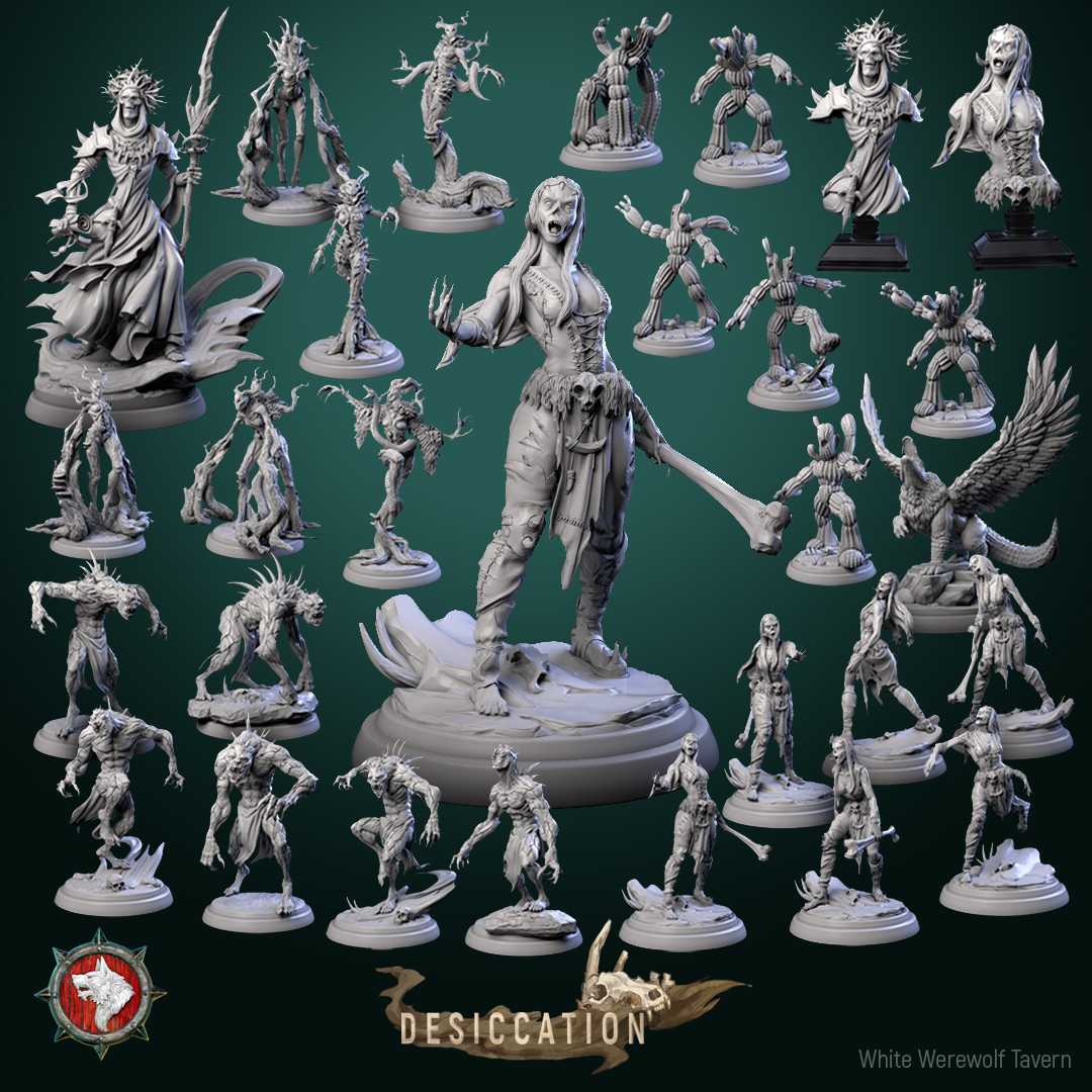 'Desiccation' July 2024 release 29 STL's miniatures pre-supported + dnd 5e stats block