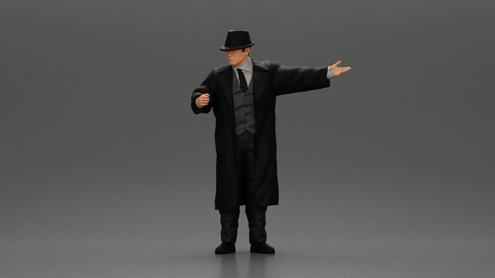 mafia man in gangster costume stands confidently while gesturing with his hands as if presenting something