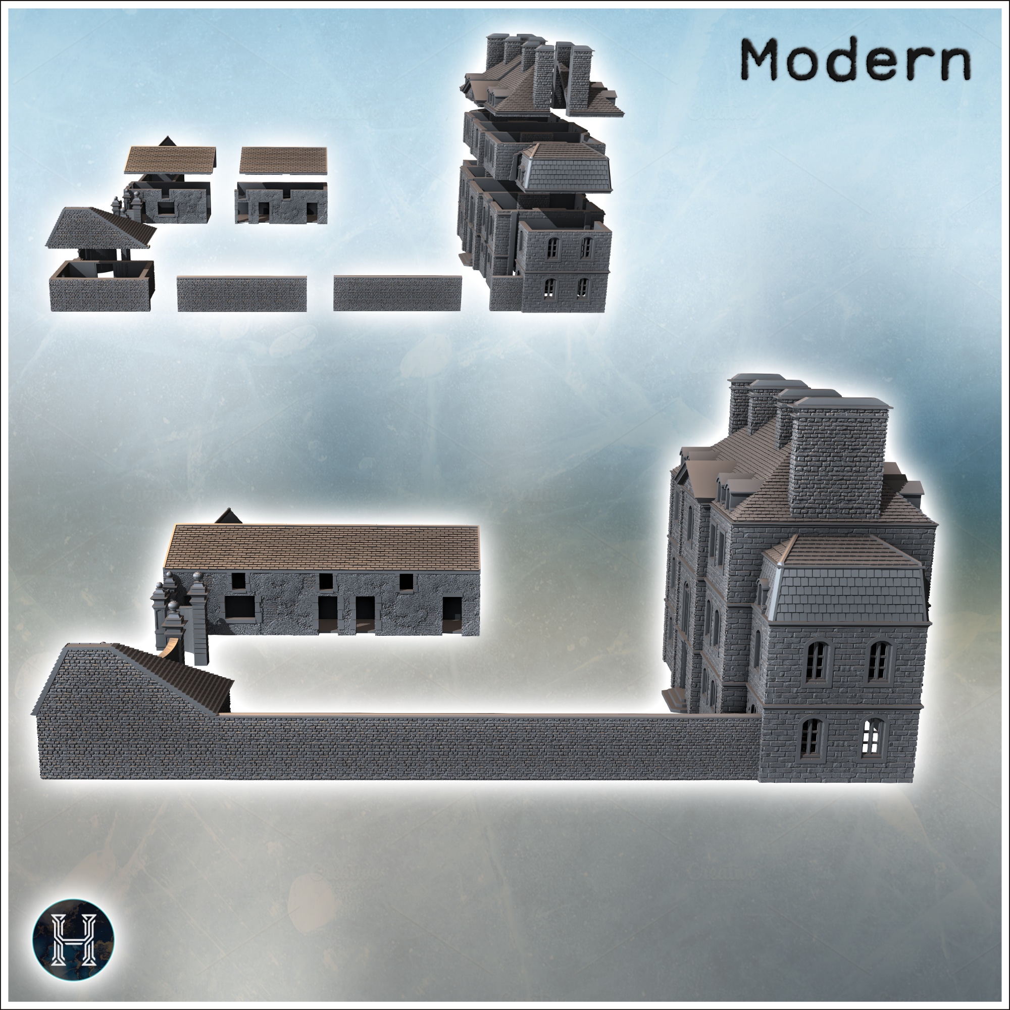 Large manor house with multiple chimneys, stone facade, and adjacent outbuilding (Carentan, Normandy 1944, France) (6) - World War Two Second WWII Bocage D-Day Operation Overlord Western US