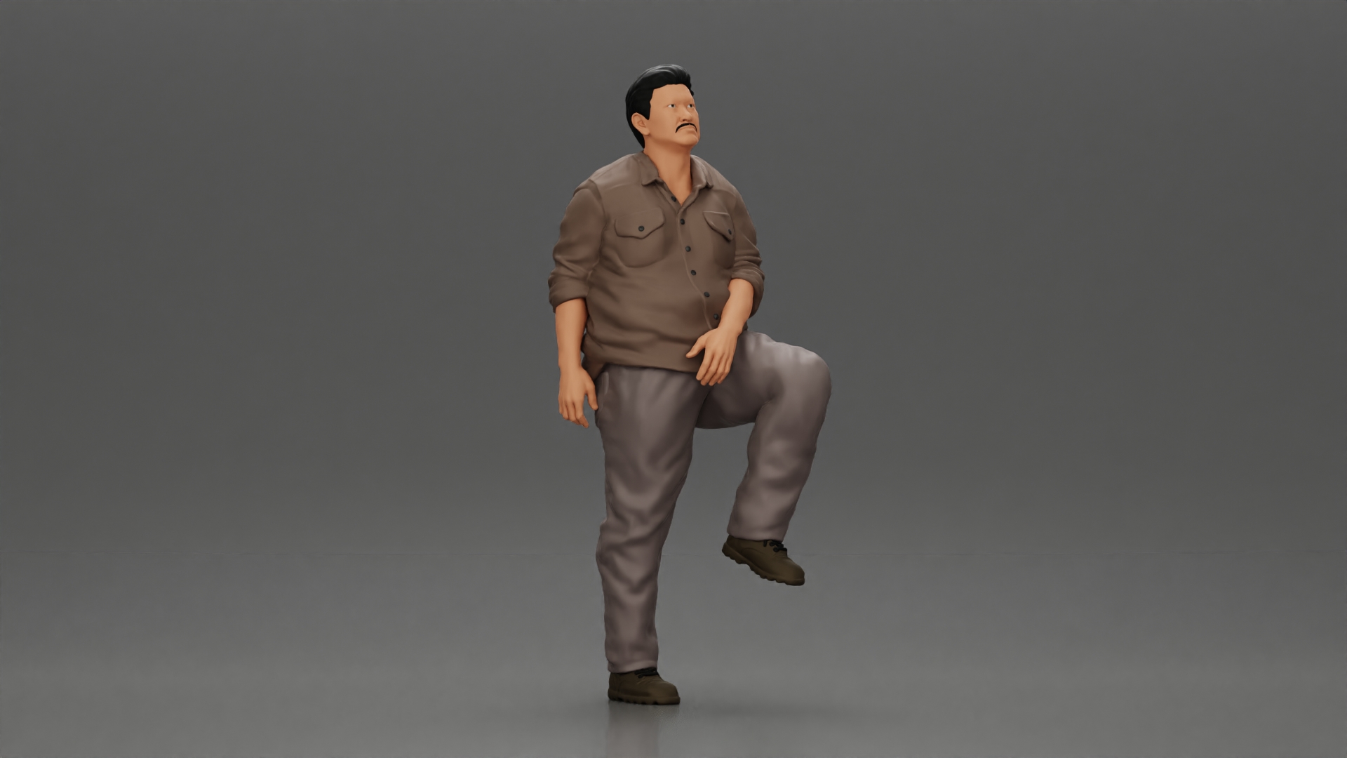Fat Asian man looking upward in shirt and pants with one leg placed on a step