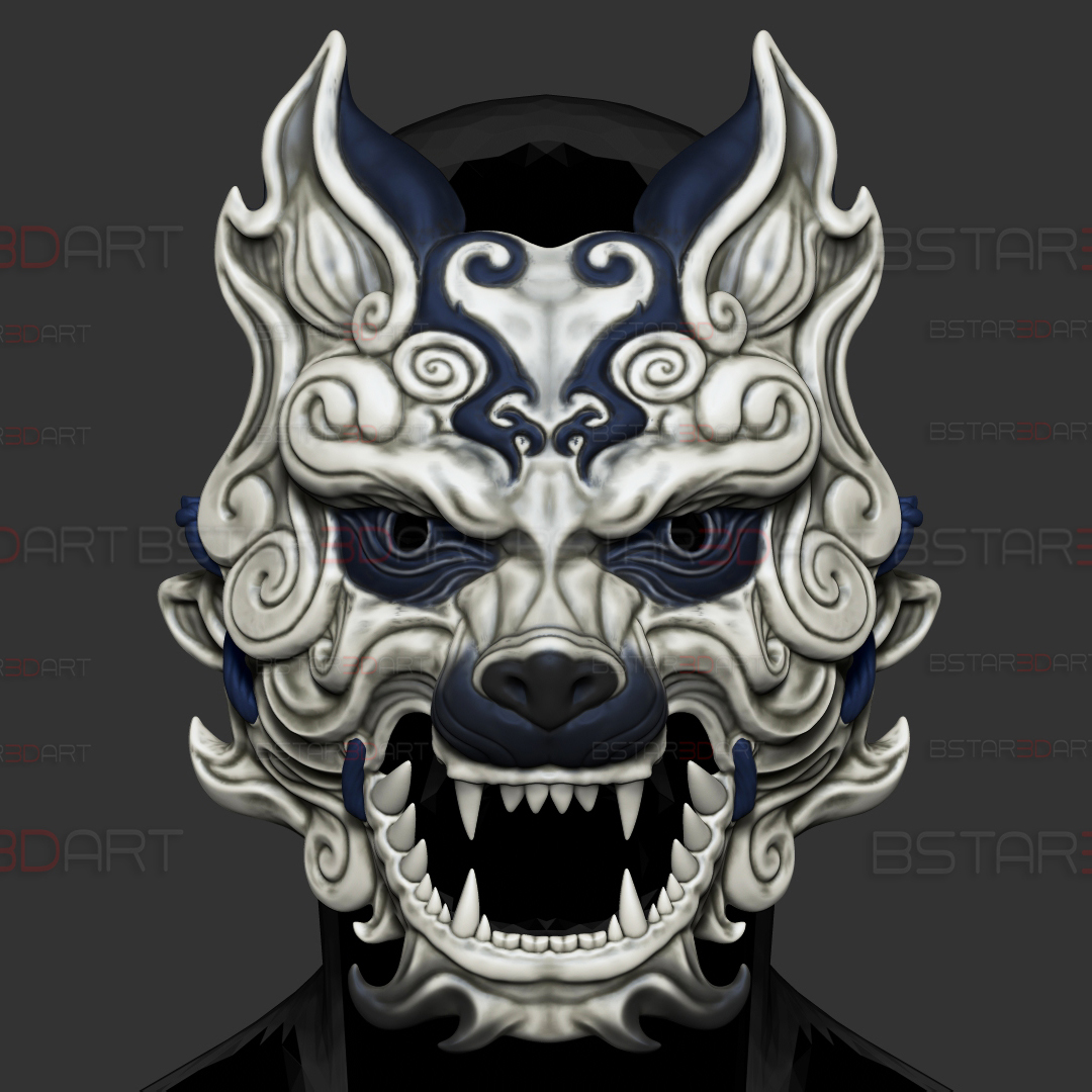 Grey Wolf Hannya Mask - Samurai Oni Mask - Halloween Cosplay