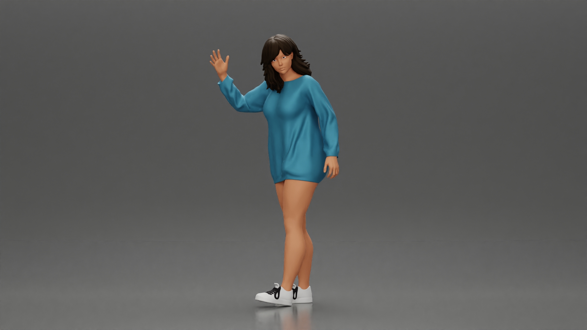 Sexy girl in a long shirt and shoes walks by waving hello to someone