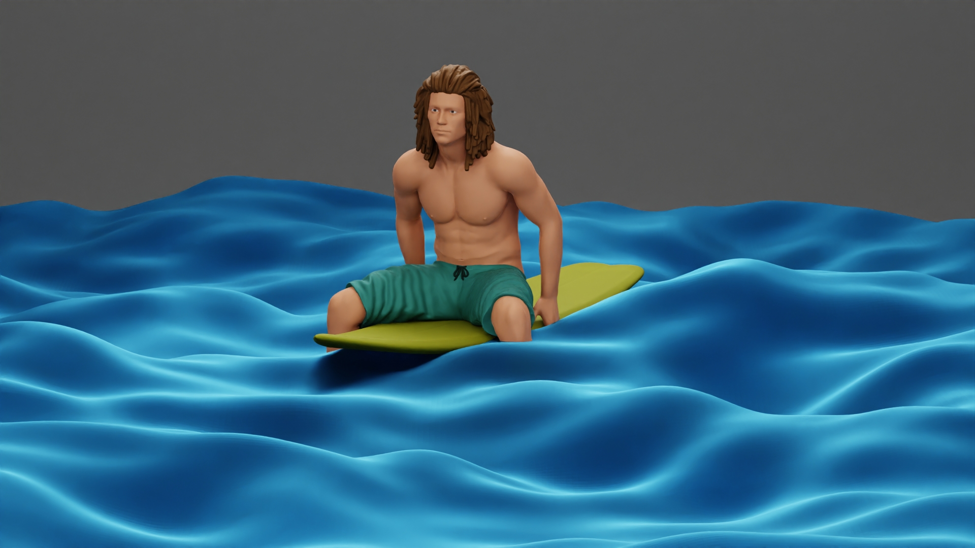 Long-Haired Surfer Sitting on a Surfboard in Calm Ocean Waters, Waiting for the Waves