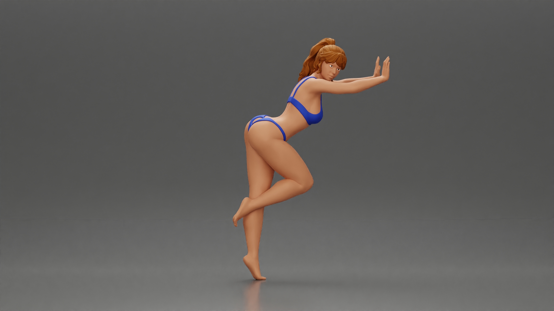 Woman in a bikini leaning on the car with her hands on the beach
