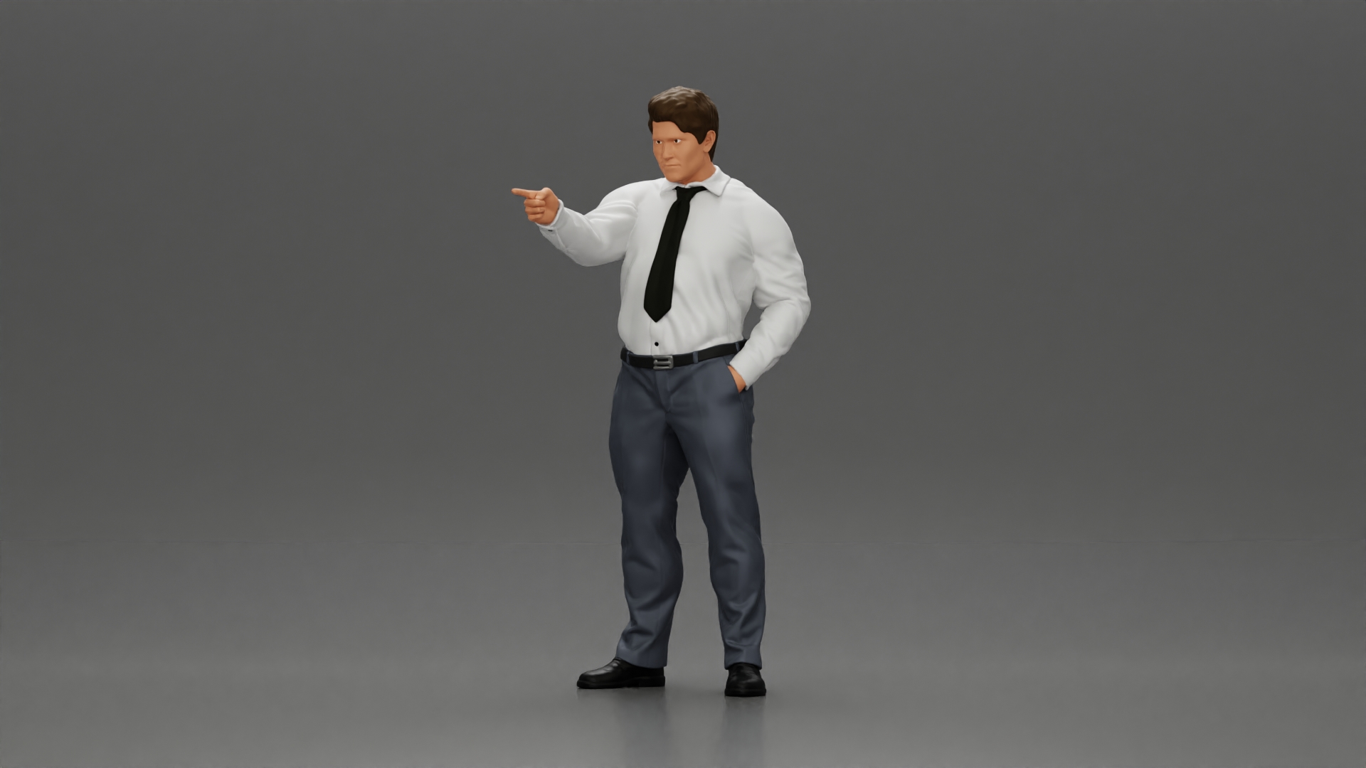 Serious businessman in a white shirt tie, and pants pointing with authority, hand in pocket