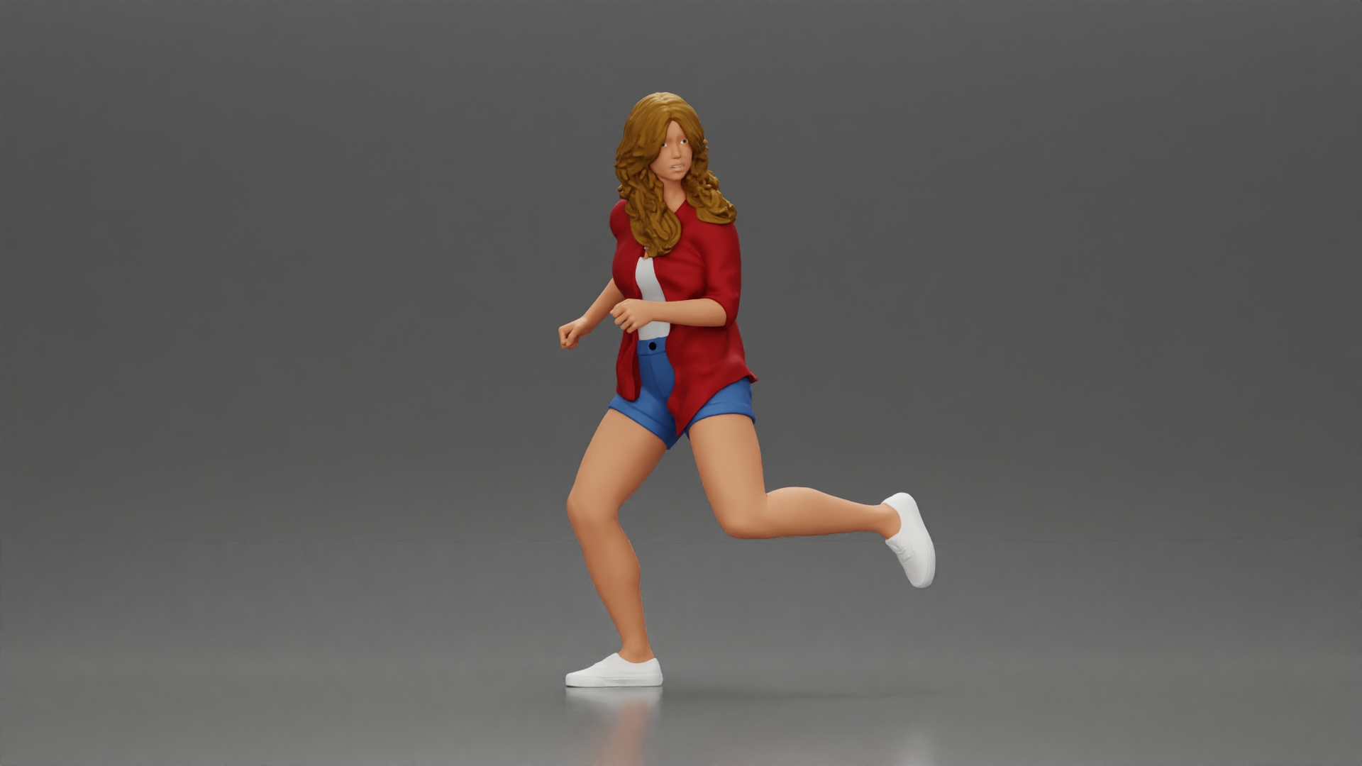 Afraid young woman running in an open shirt and shorts with a determined expression