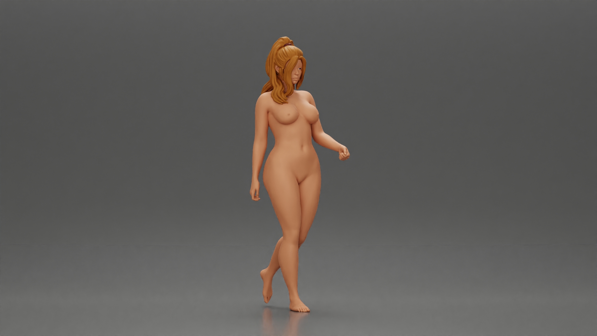 Naked girl walking with long hair