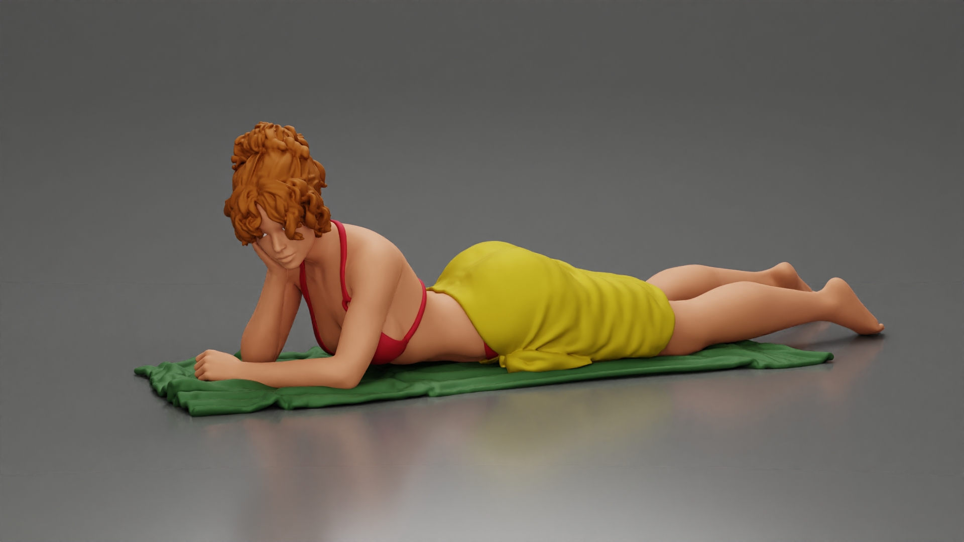 Relaxing on a beach towel, a woman enjoys sunbathing, wrapped in a pareo beach cover and bikini
