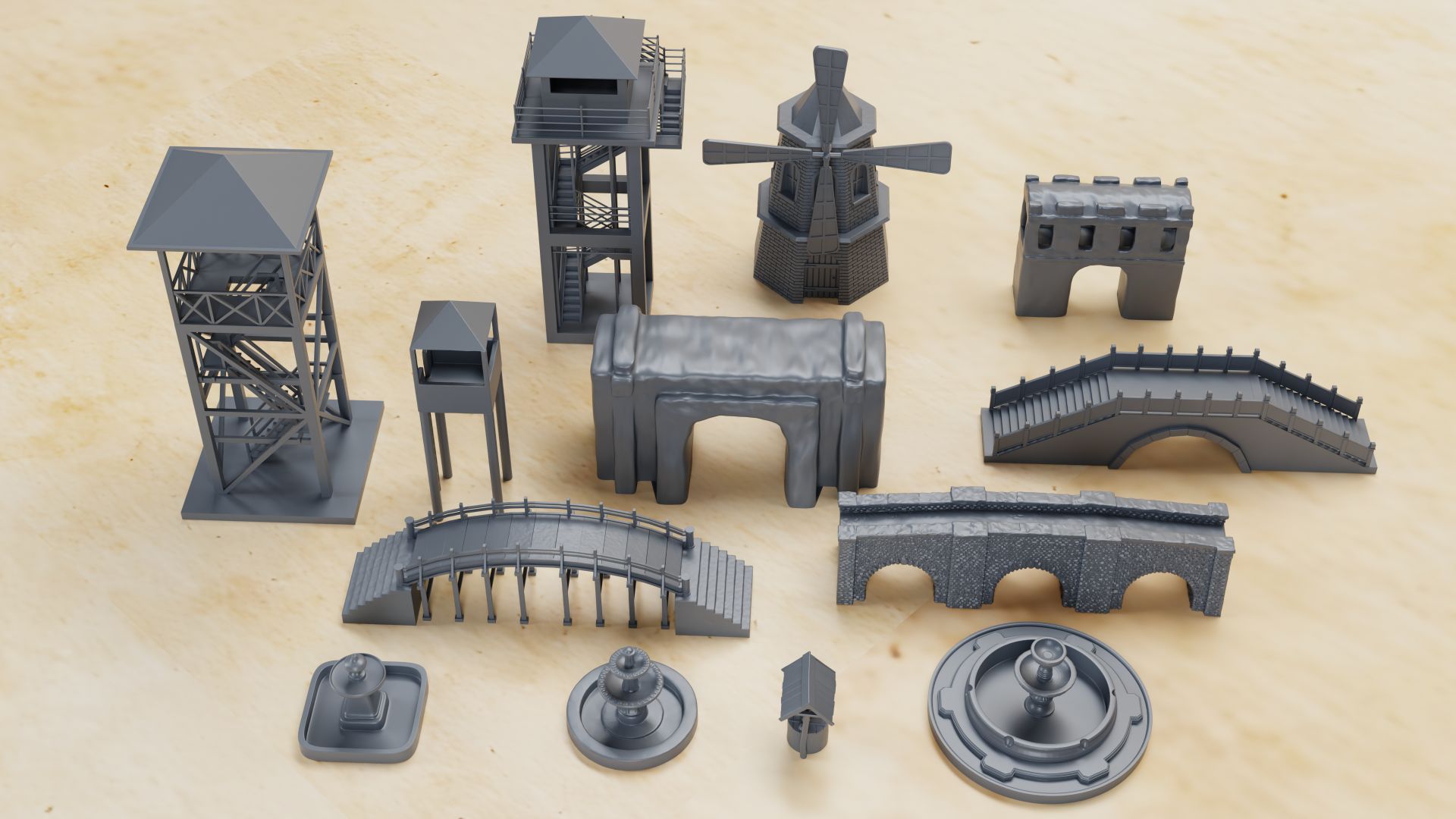 BOLT ACTION - Bridges, Fountains, Towers, Windmill (scale 1:56)