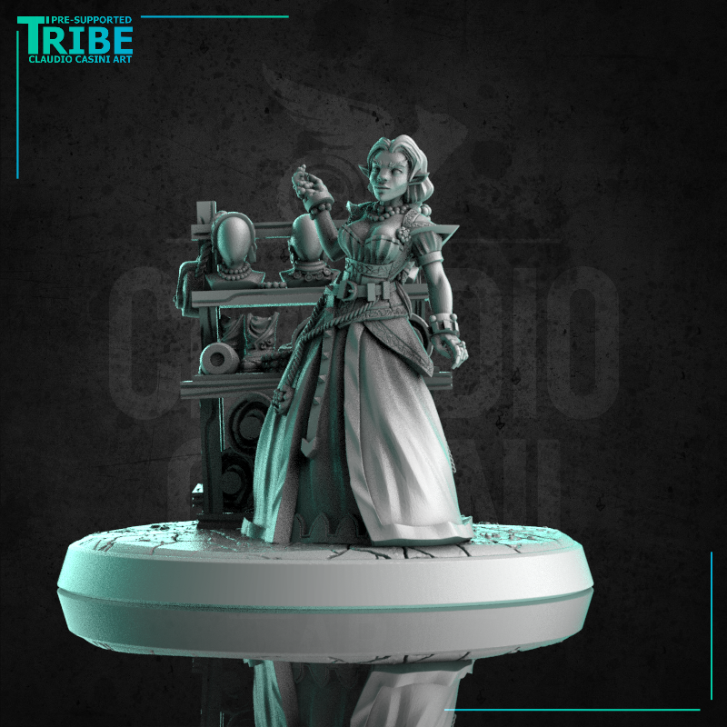(0234) Female human elf tiefling half-orc firbolg merchant with cloth stall